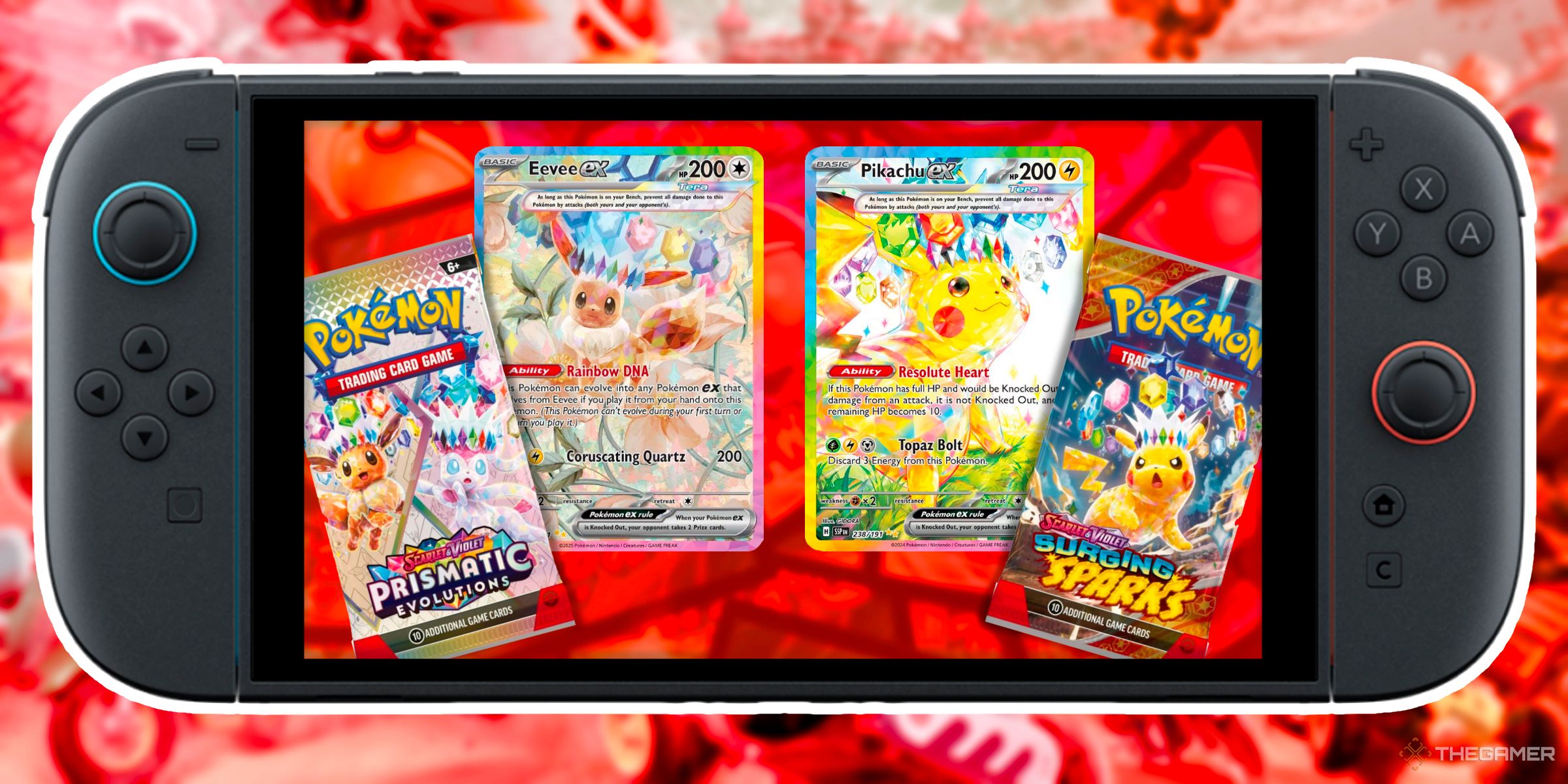 The Eevee and Pikachu Tera EX Special Illustration Rare cards alongside a pack of Prismatic Evolutions and Surging Sparks Pokemon Trading Cards inside of a Nintendo Switch 2.