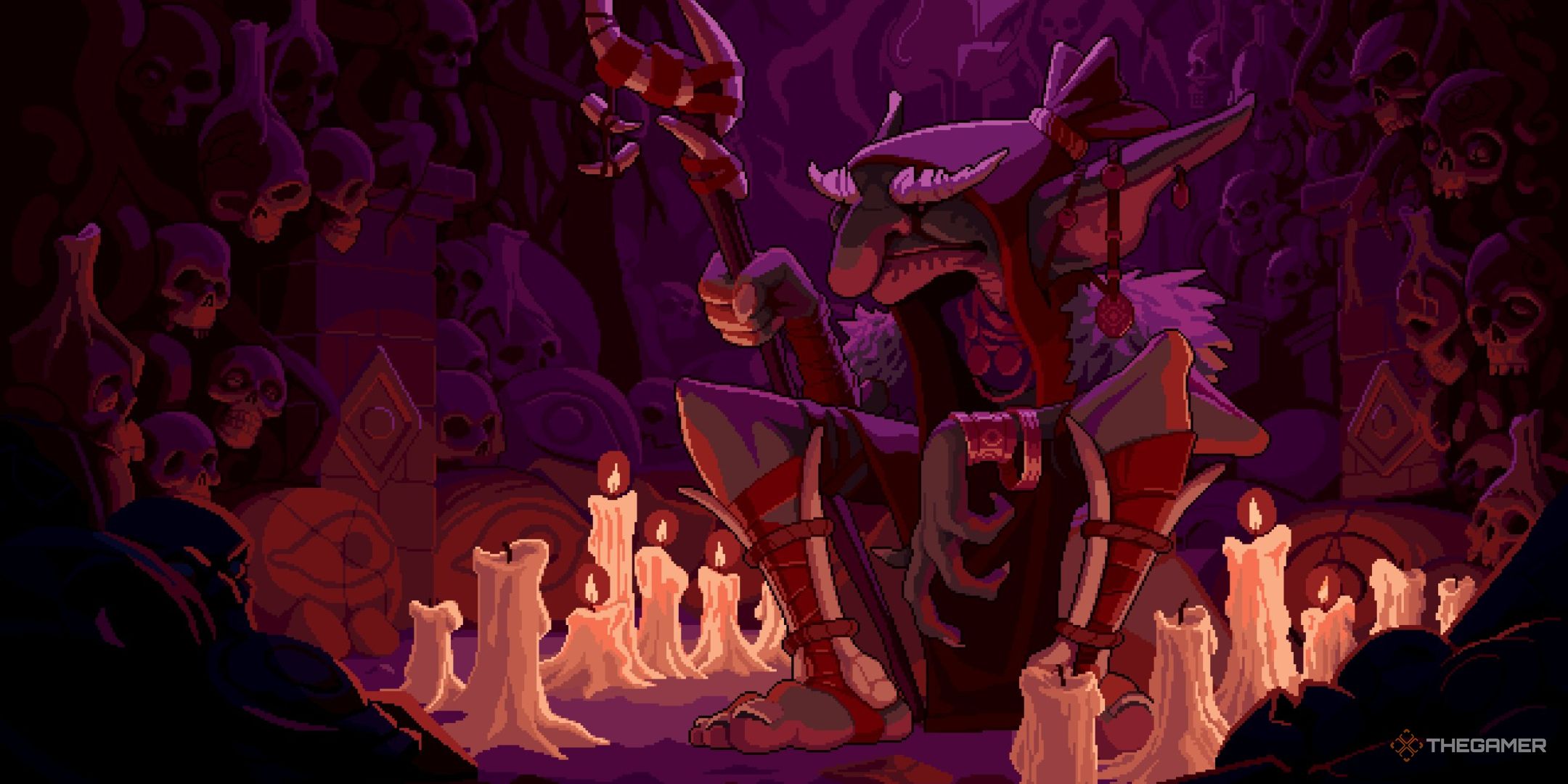 Ein alter Kobold mit einem Personal sitzt in einer Kerzenhöhle im König.