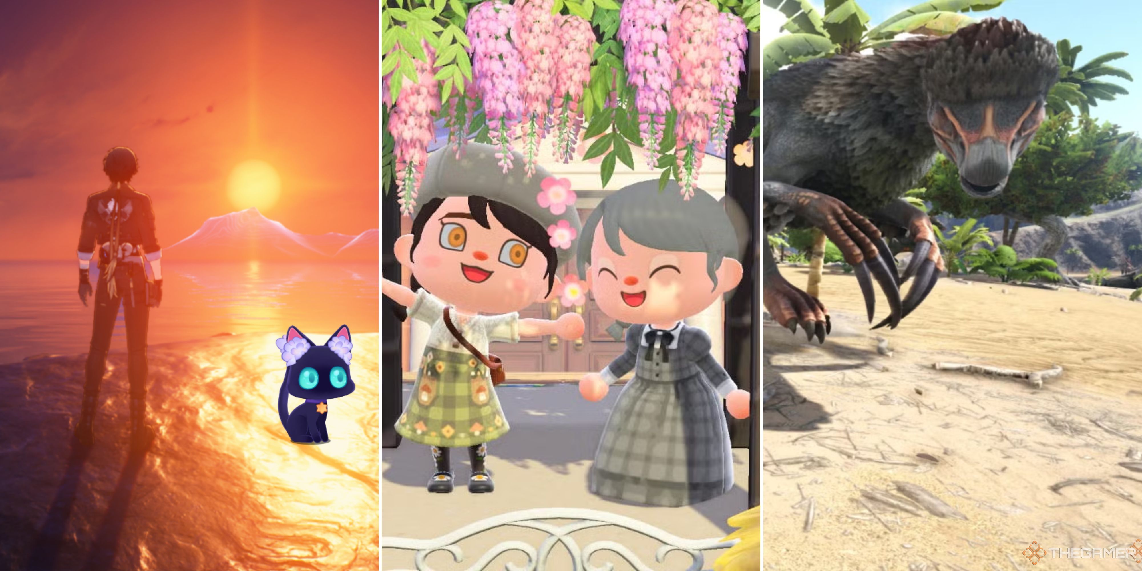 Three screenshots are lined up from left to right- Beepo & Luna with Rover from Wuthering Waves, Animal Crossing New Horizons, and ARK.