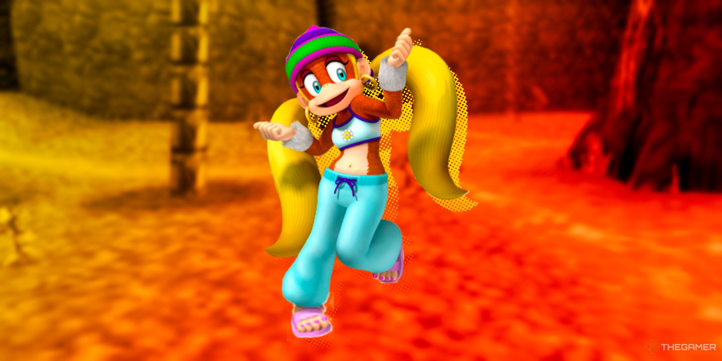 Tiny Kong posing ontop of a jungle area from Donkey Kong 64.