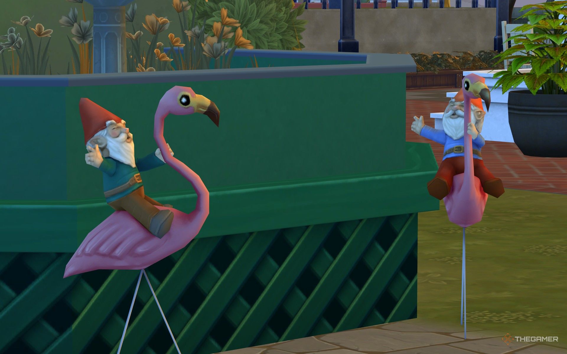 Two dwarves running on the lawn Flamingoes in Innisgreen, The Sims 4 Enchanted by Nature.