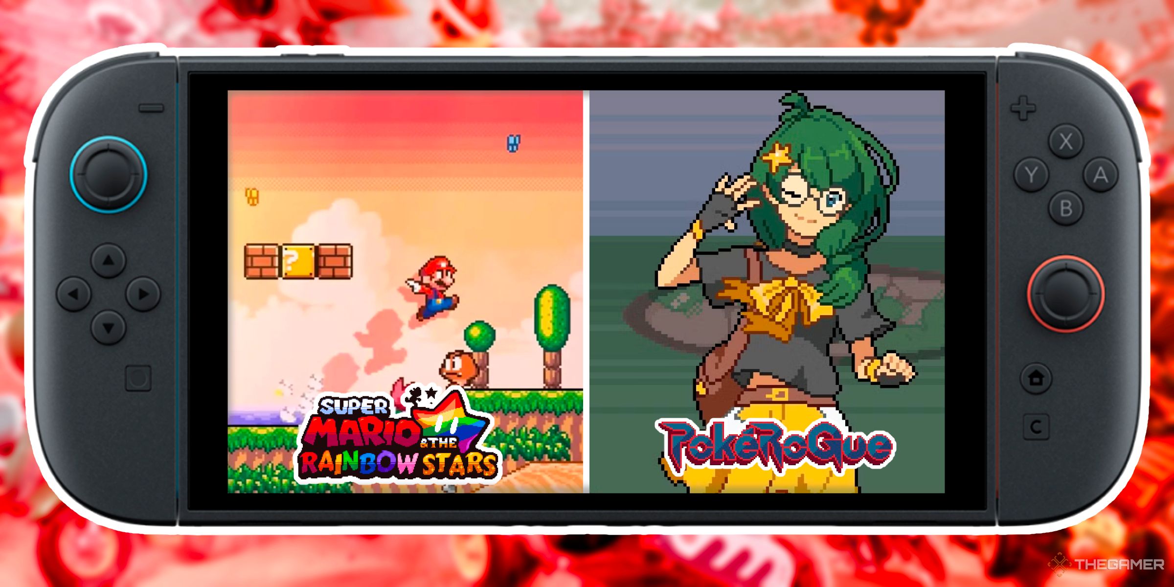 Two images of the fan games Super Mario & The Rainbow Stars and PokeRogue inside of a Nintendo Switch 2.