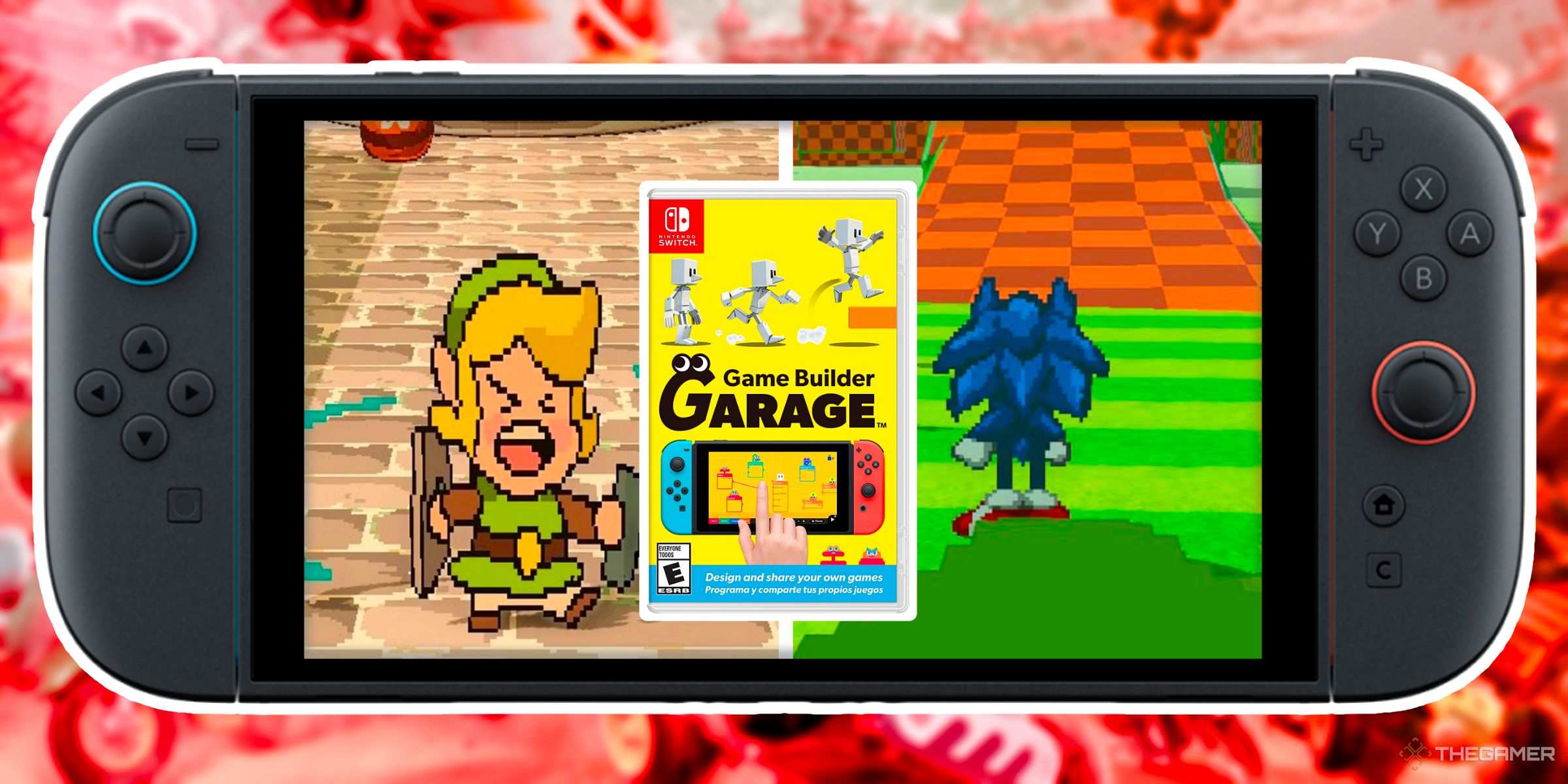 Two player made Sonic and Zelda inspired games made in Game Builder Garage with the box art in the middle of them inside a Nintendo Switch 2.