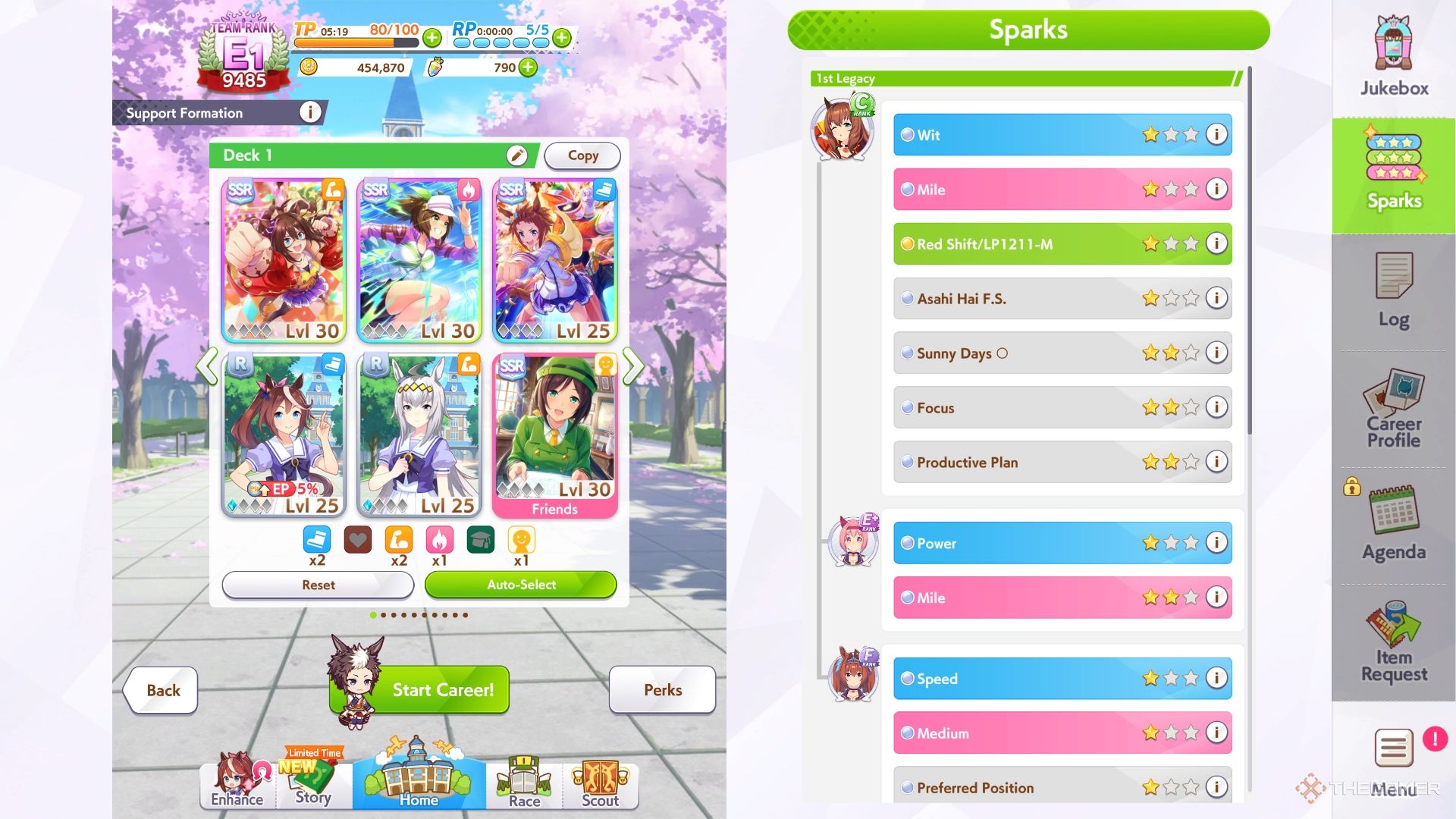 The Career menu in the Majiro Majiro Ryan Support Card deck.