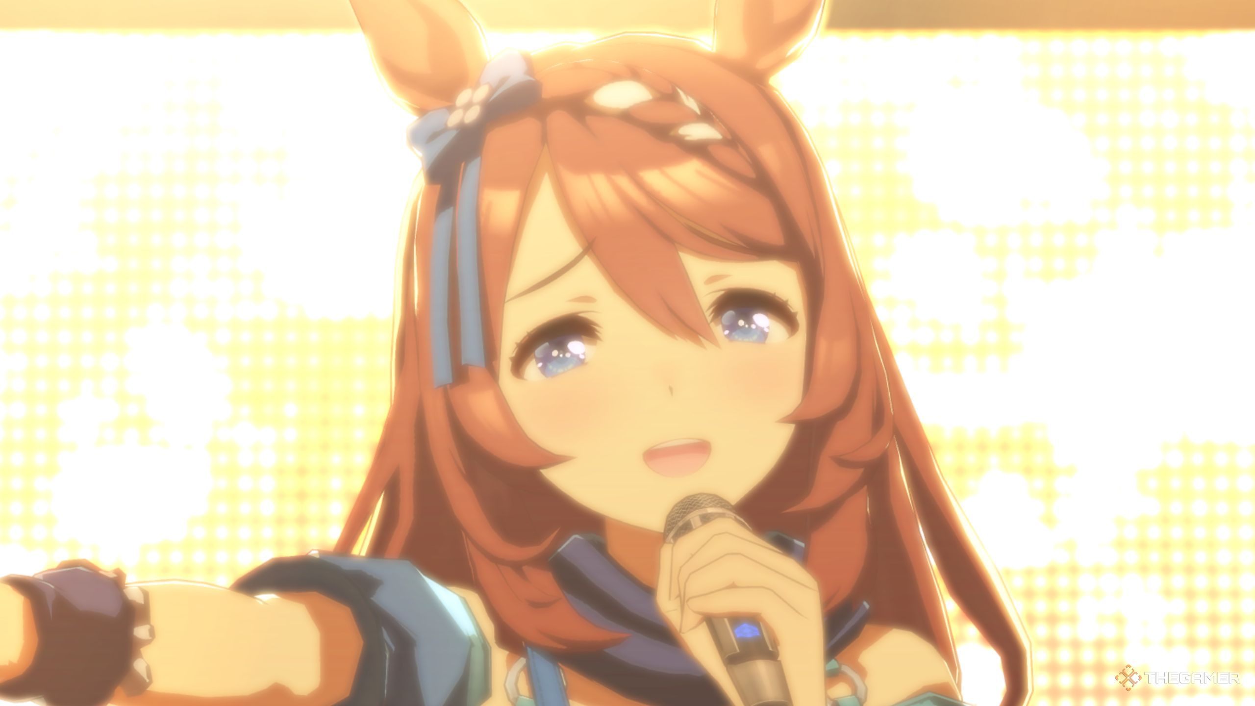 Umamusume Wall Creek singing with a bright light.