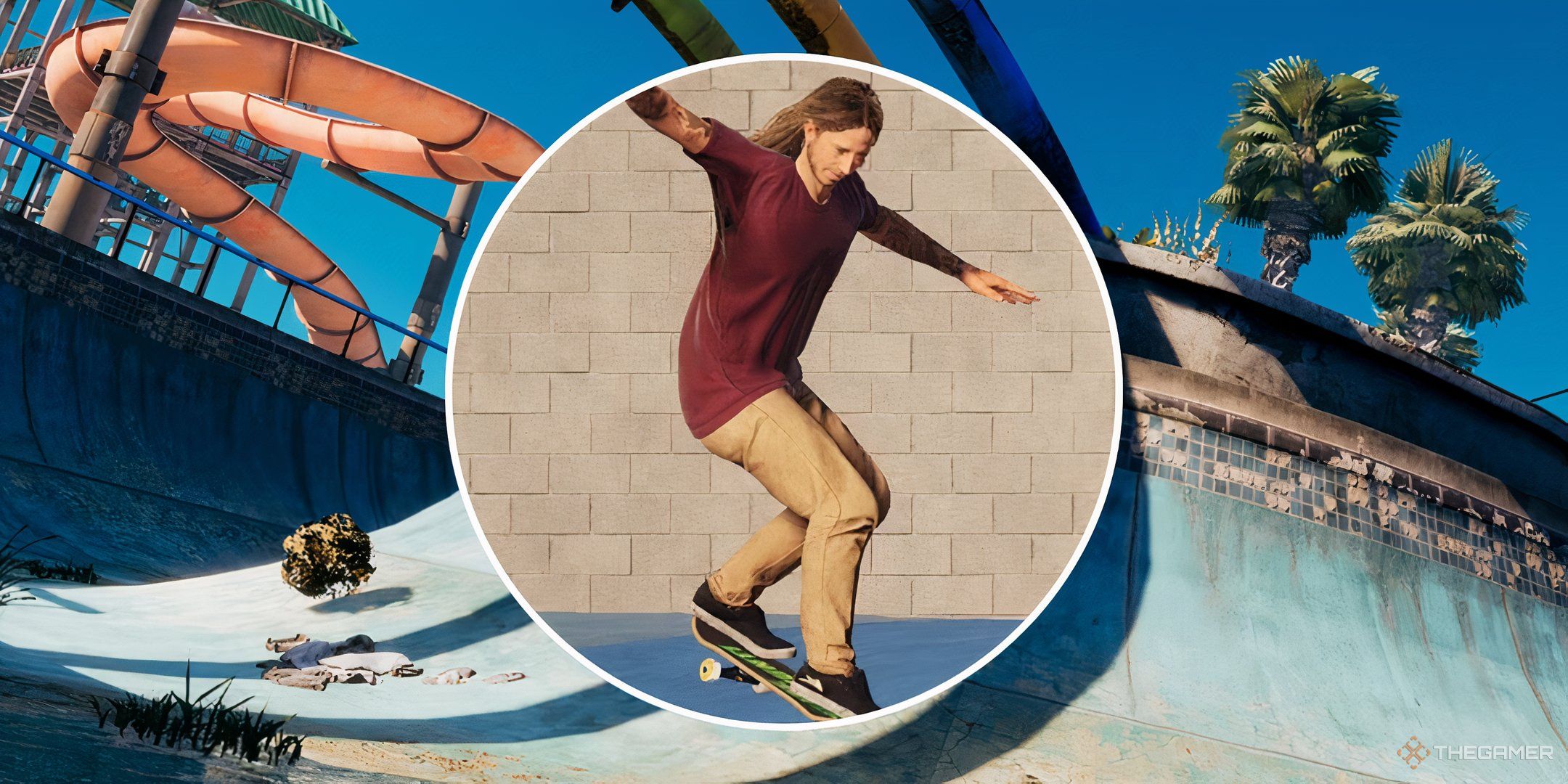 A skateboarder in Tony Hawk's Pro Skater grinding on a rail with a split image of a half-pipe in the background.