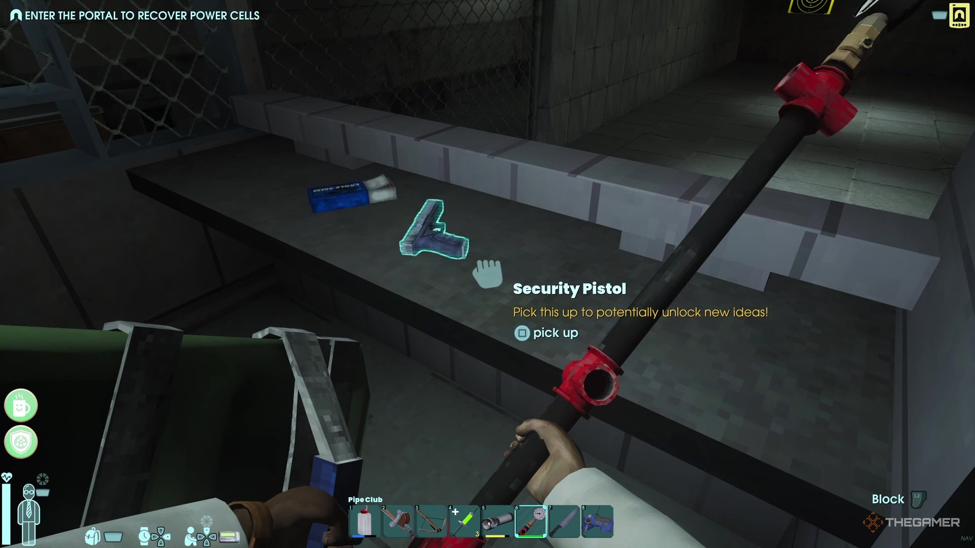 Player character counter standing near a shooting pistol and ammo planting factor with the Amoe.