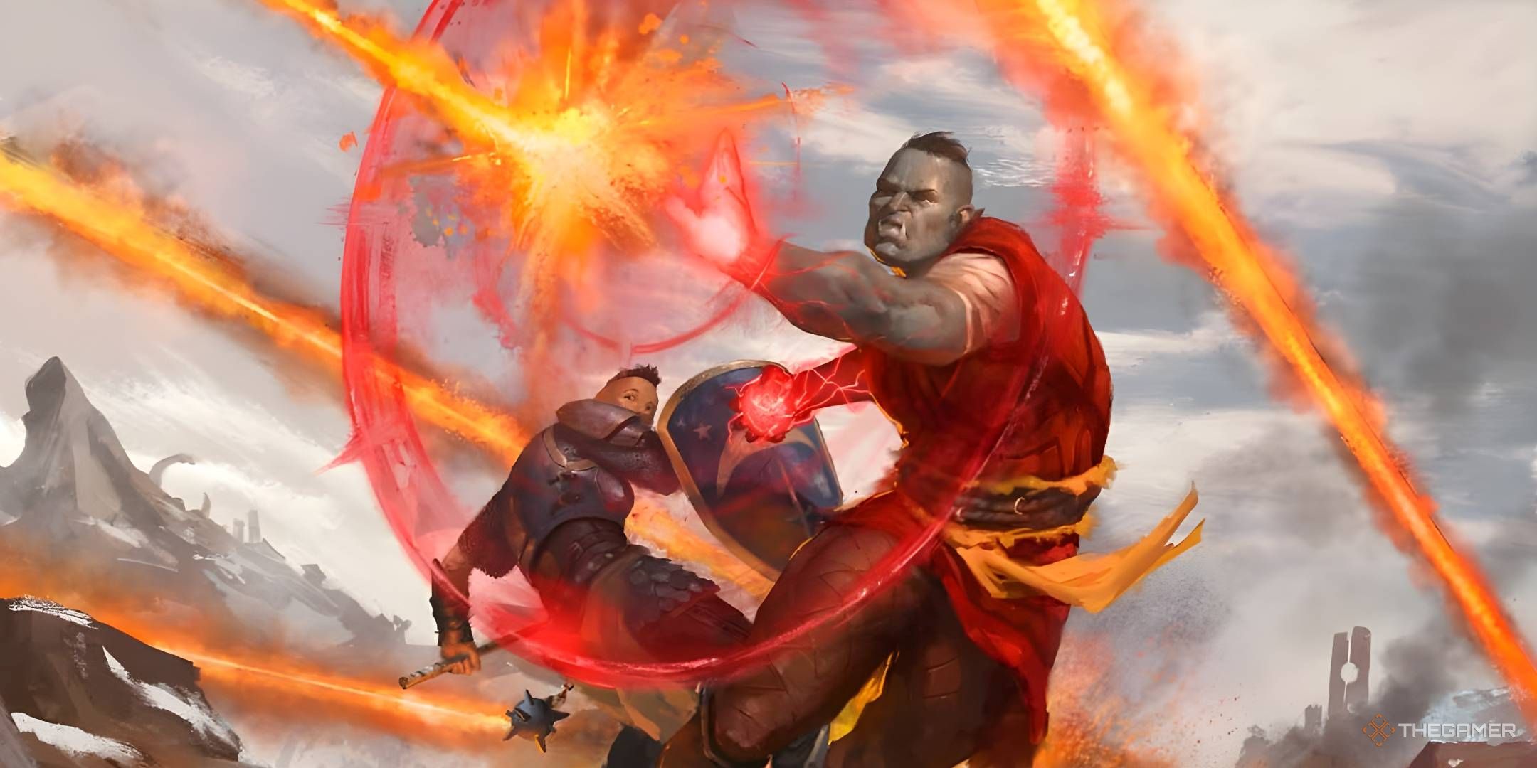 An orc sorcerer removes a magic attack with your left hand.