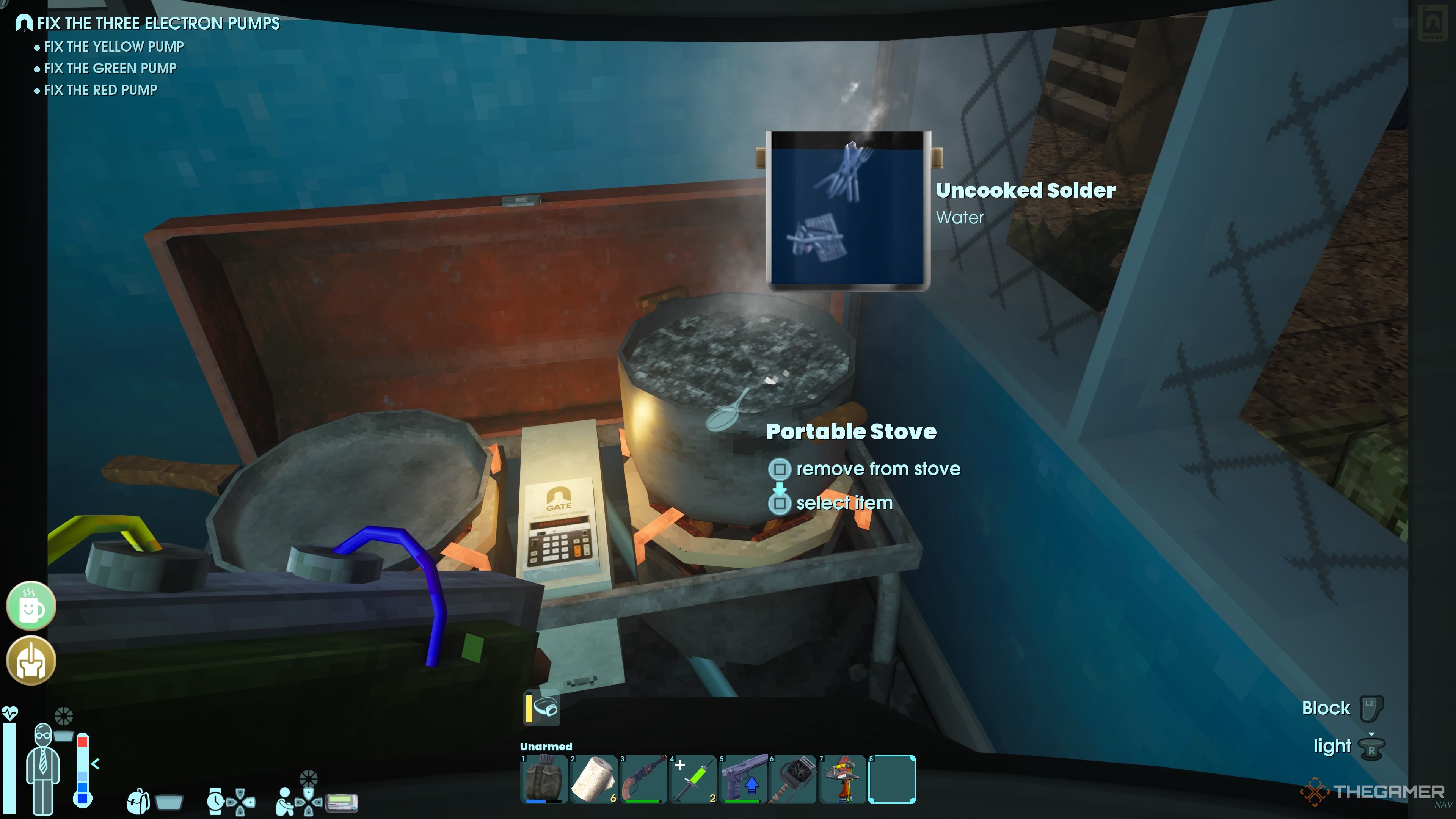 Player character cooking silver scraps and metal scraps use metal scraps in a pot to make soldering a non -biosurk.