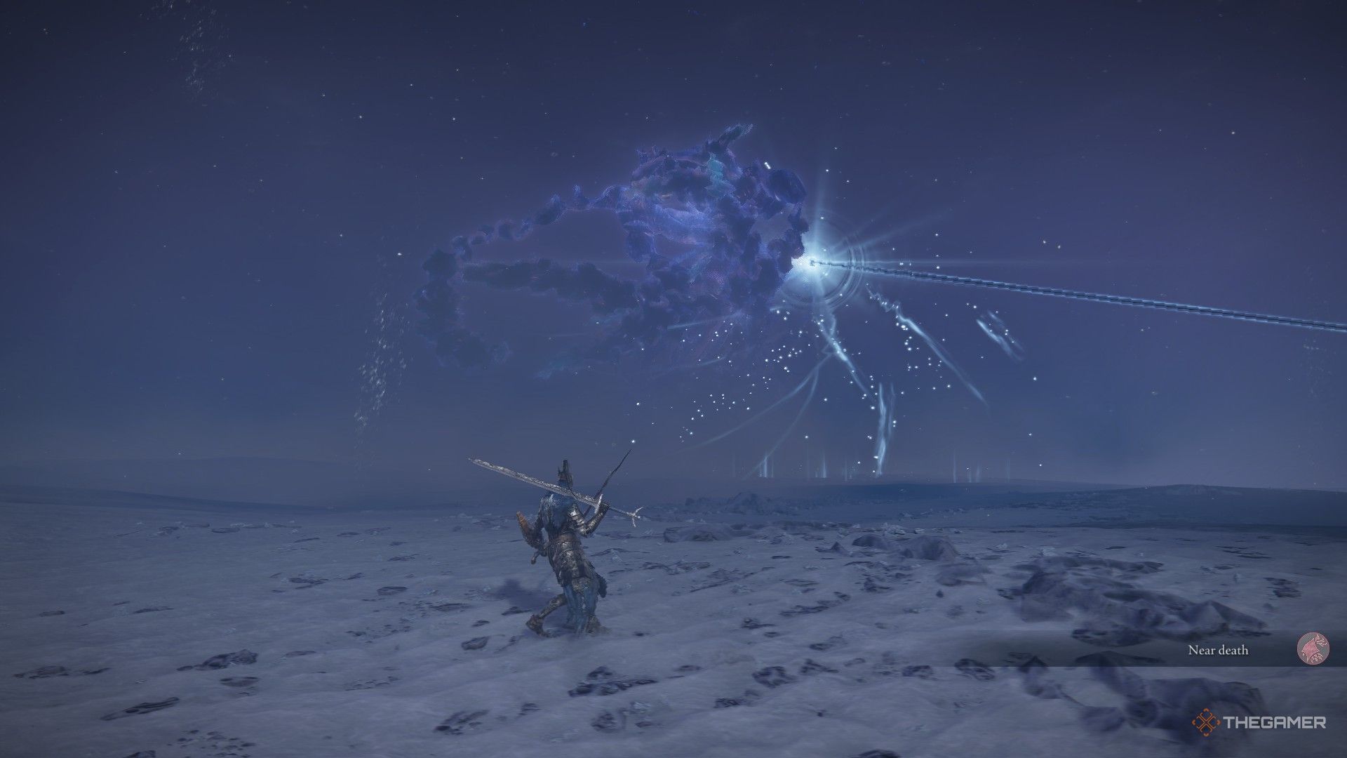 EVERDARK AUGUR uses a laser beam that falls down Ironeye while avoiding the Wylder of Elden Ring Nightreign.