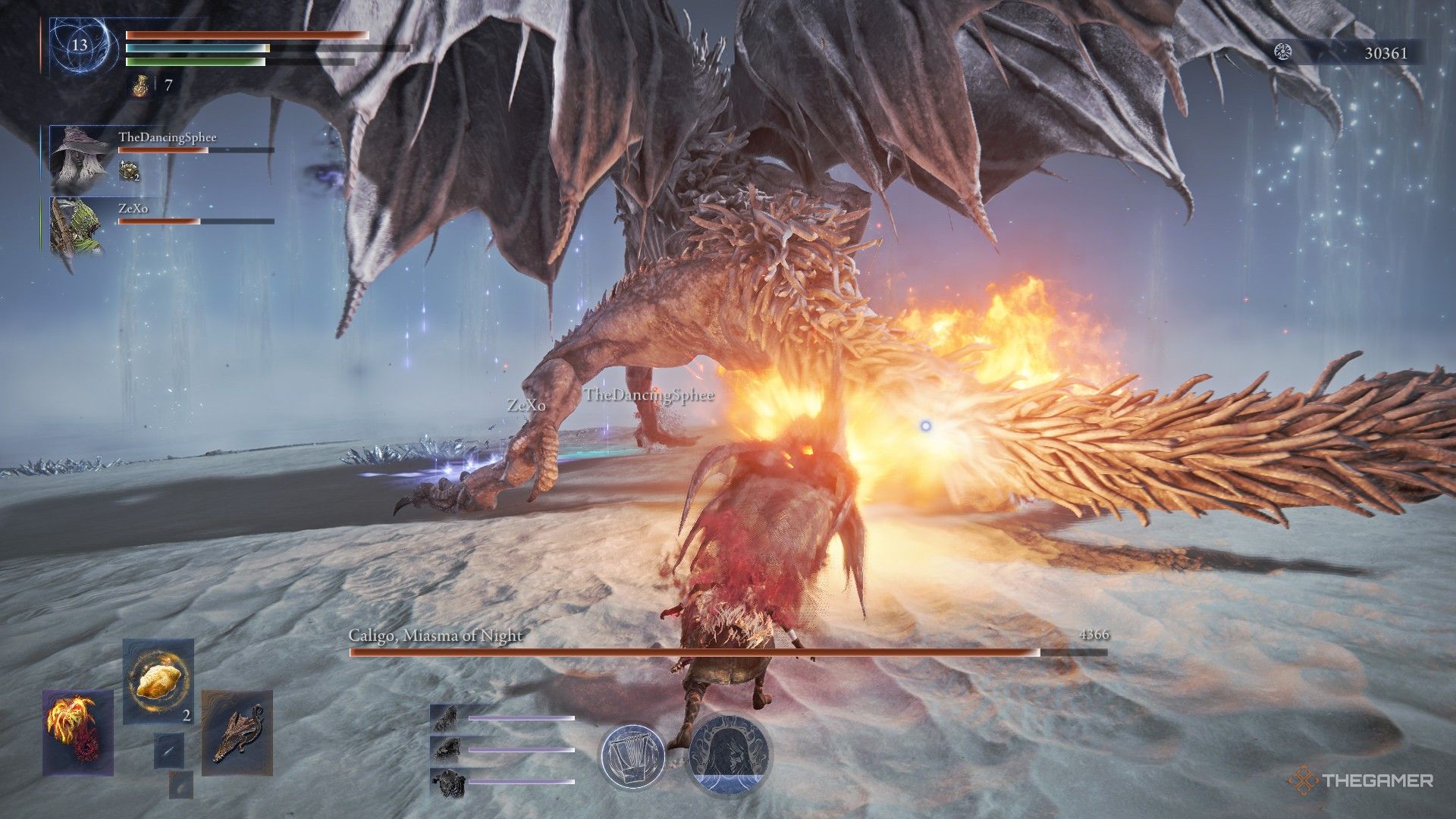 Revenant uses her Flame Breath communion on Everdark Sovereign Caligo in Elden Ring Nightreign.