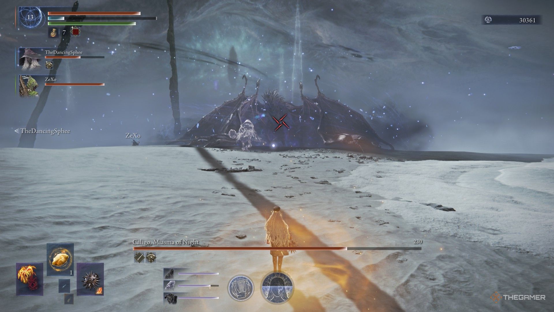 Revenant watches Ironeye mark Everdark Sovereign Caligo and then use an ultimate attack in Elden Ring Nightreign.