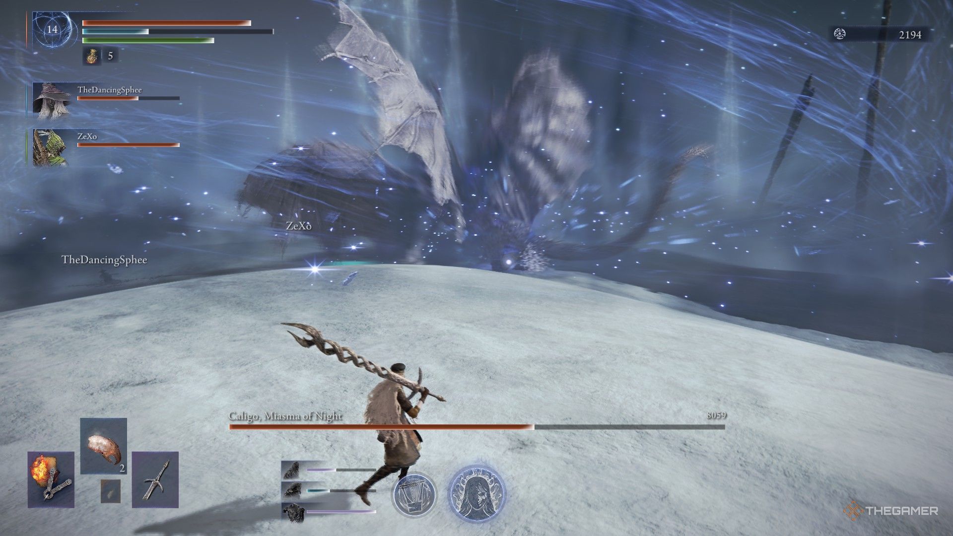 Revenant with the Godslayer Sword watches Everdark Sovereign Caligo create a vortex of night in Elden Ring Nightreign.