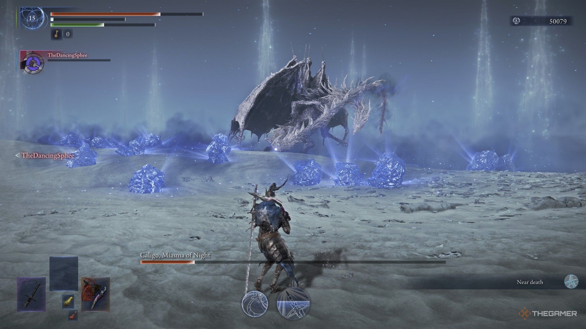 Recluse is downed as Caligo slams his tail down on a field of icy miasma crystals toward Wylder in Elden Ring Nightreign.