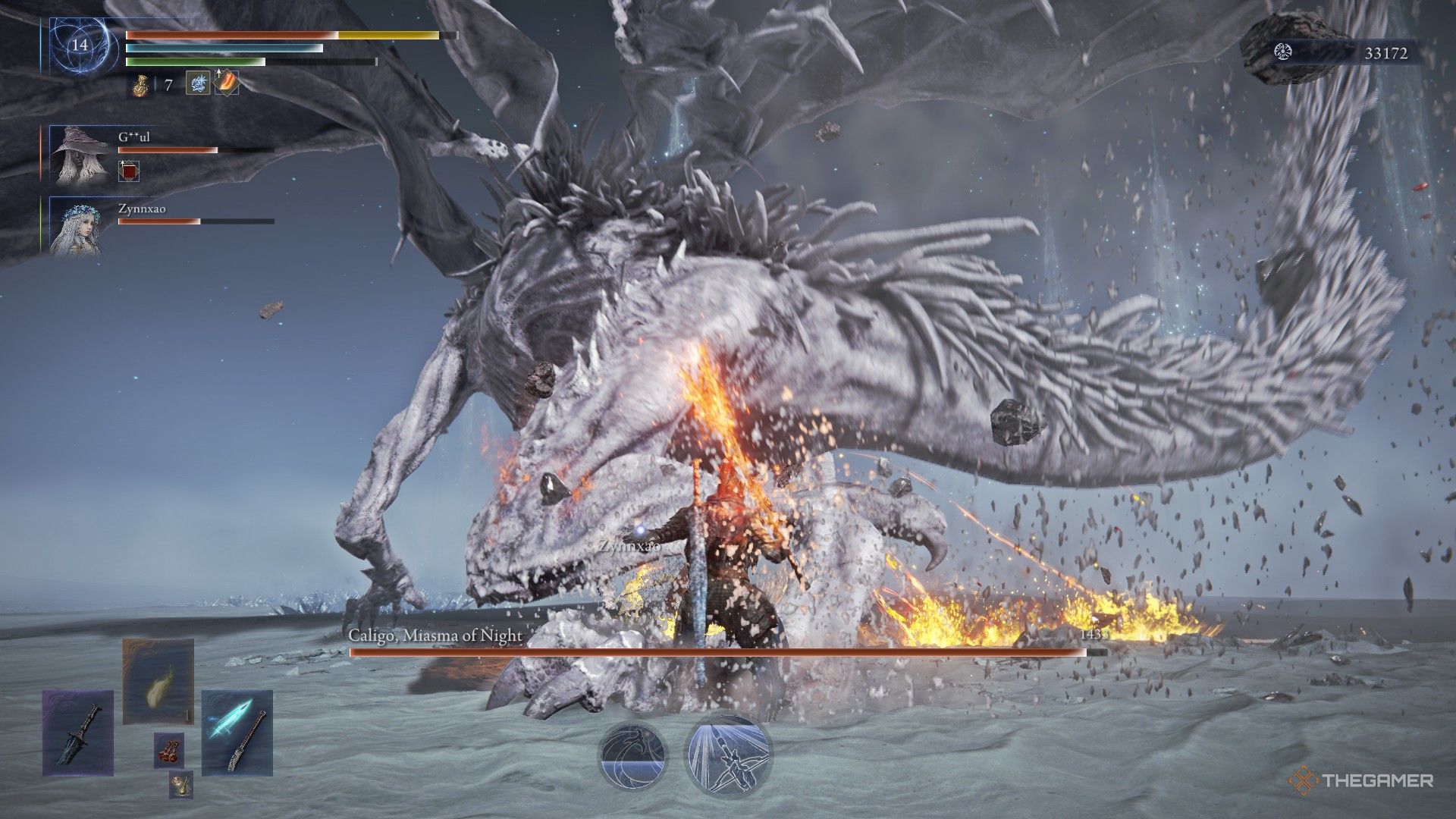 Wylder is staggered by Everdark Sovereign Caligo in Elden Ring Nightreign.