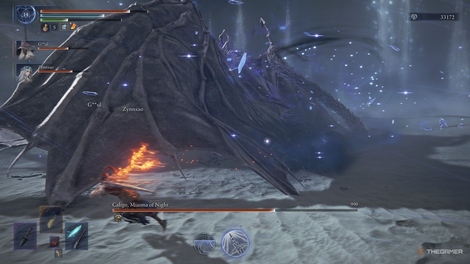 Everdark Sovereign Caligo phase transitions as Wylder sprints past in a blur in Elden Ring Nightreign.