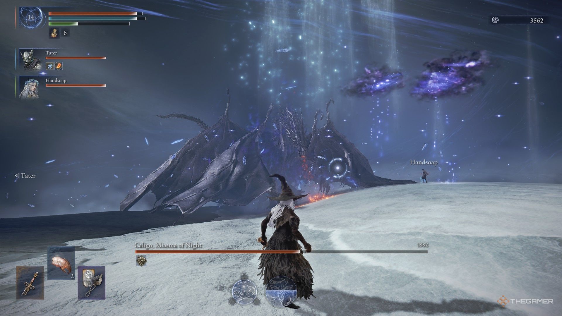 Everdark Sovereign Caligo phase transitions in front of Recluse in Elden Ring Nightreign.