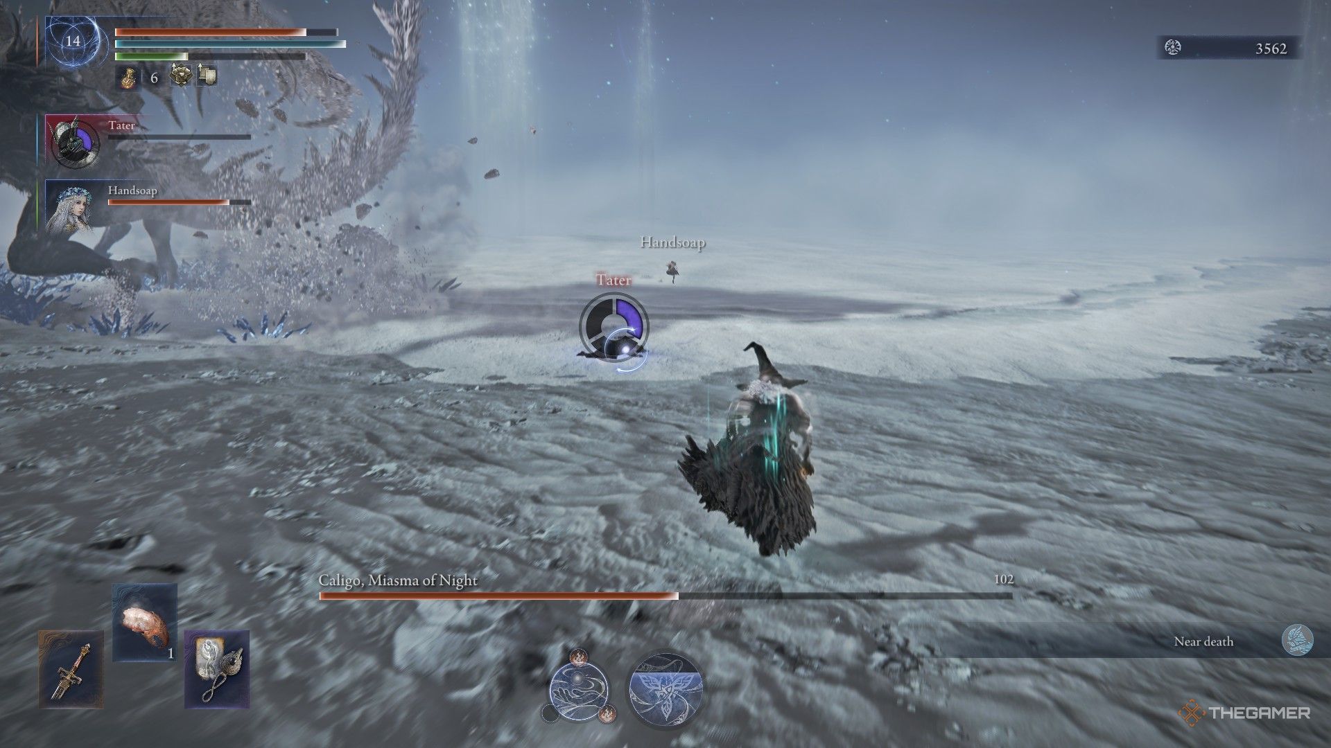 Wylder is knocked down by Everdark Sovereign Caligo as Recluse rushes to his aid in Elden Ring Nightreign.