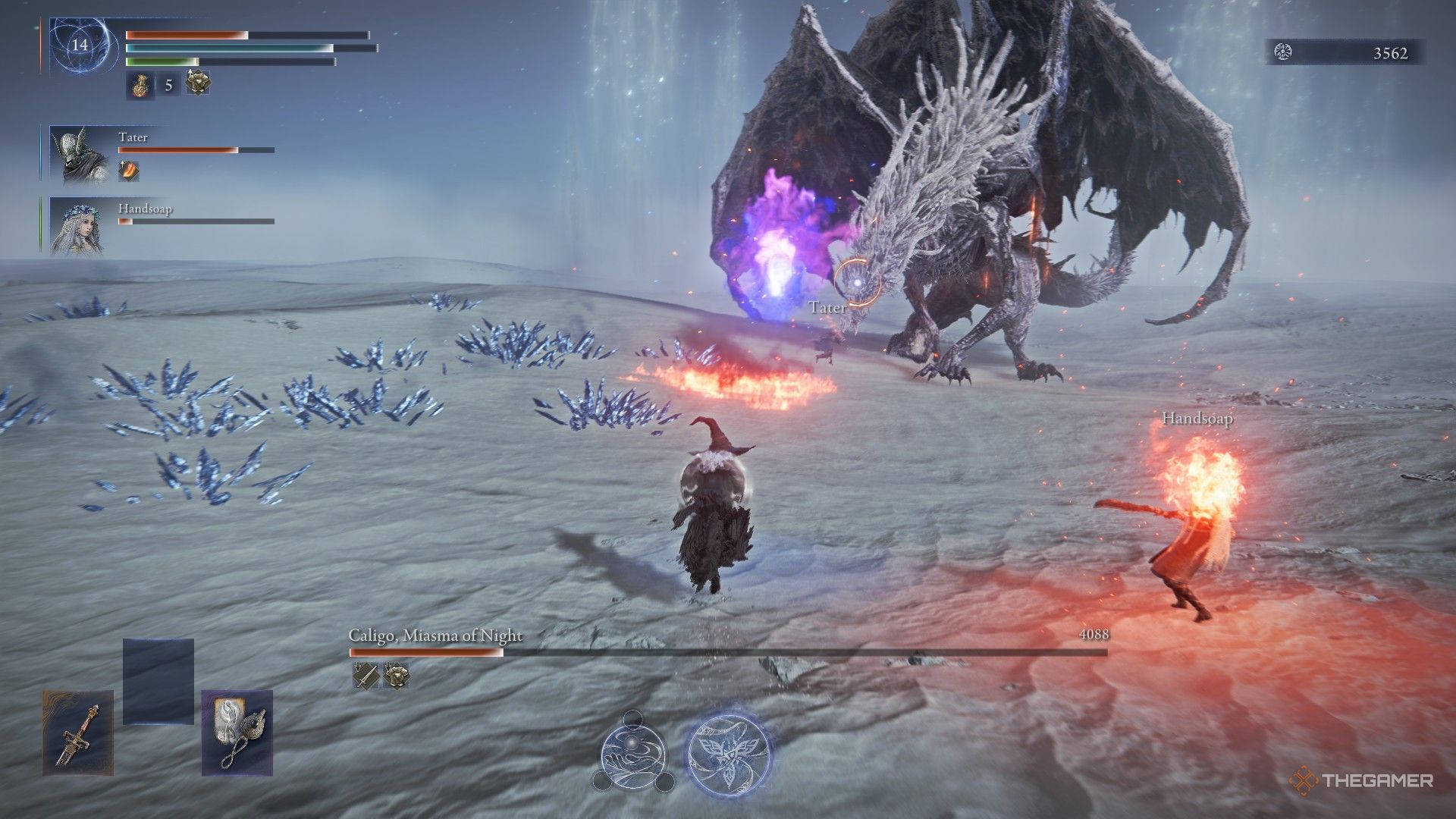 Recluse and Revenant lob fireballs at Everdark Sovereign Caligo in Elden Ring Nightreign.