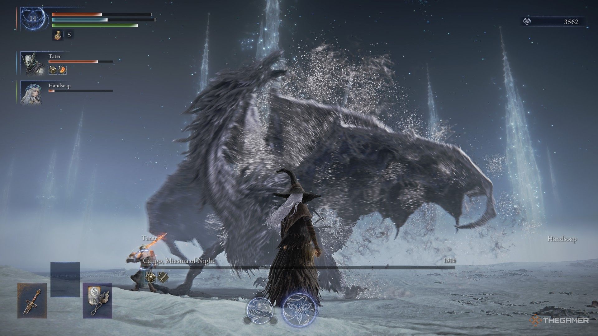 Recluse, Wylder, and Revenant defeat the Everdark Sovereign Caligo in Elden Ring Nightreign.