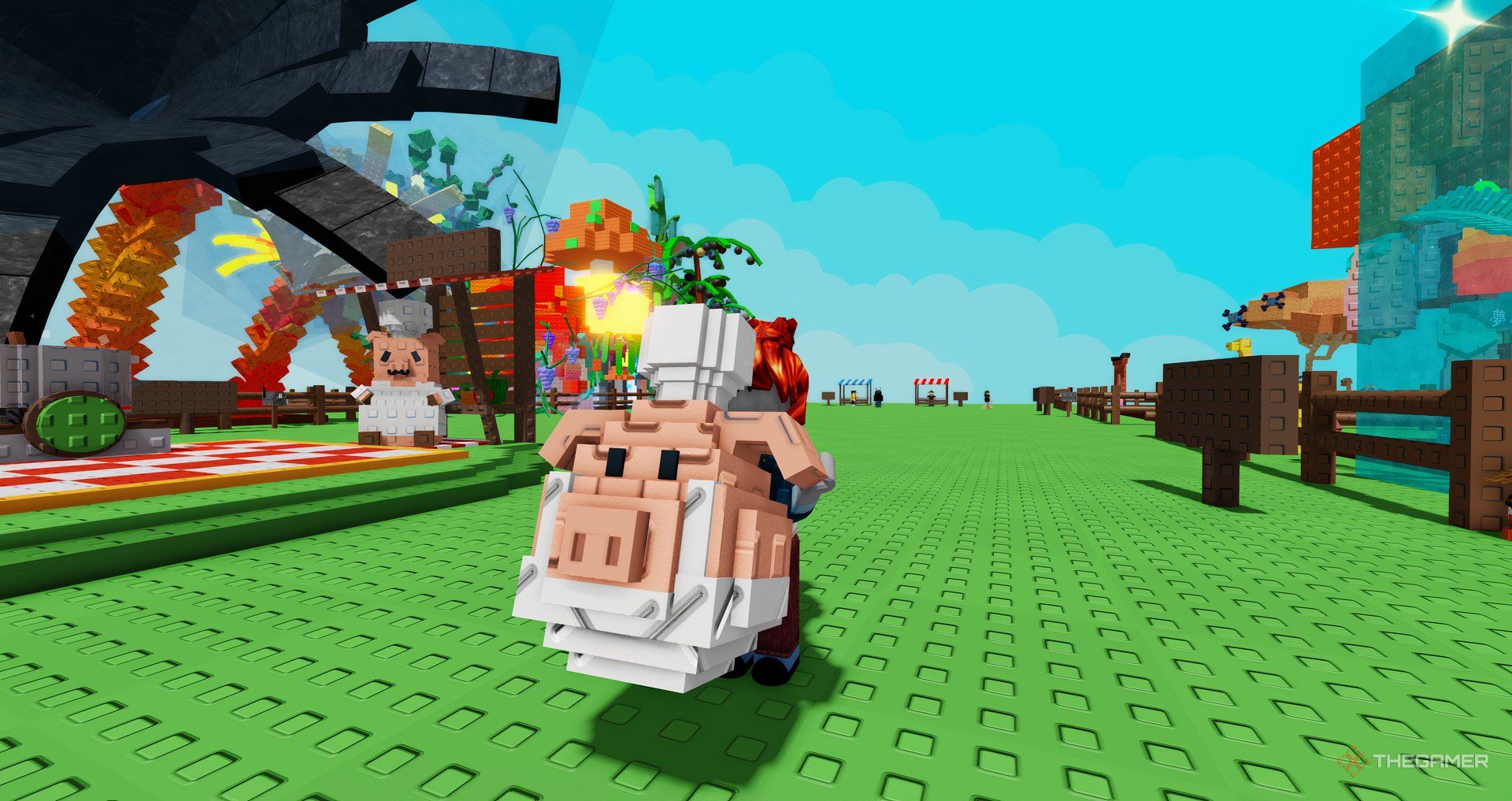 A player holding a gourmet egg in Roblox pushes a garden.