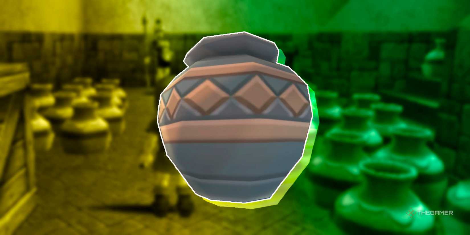 A pot with a diamond design imprinted on it from The Legend of Zelda Skyward Sword HD.