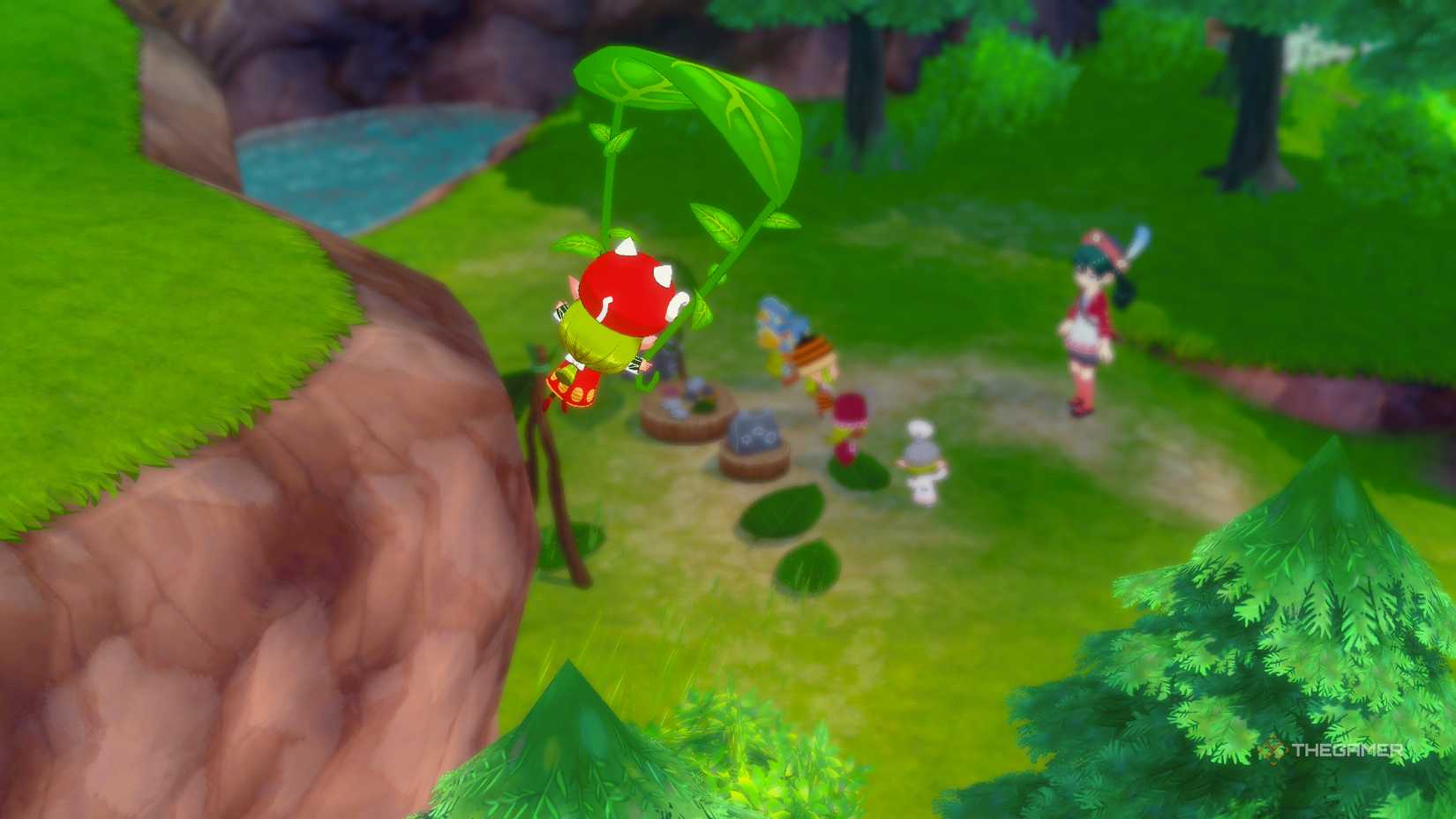 A spite using a glider in Story of Seasons Grand Bazaar.