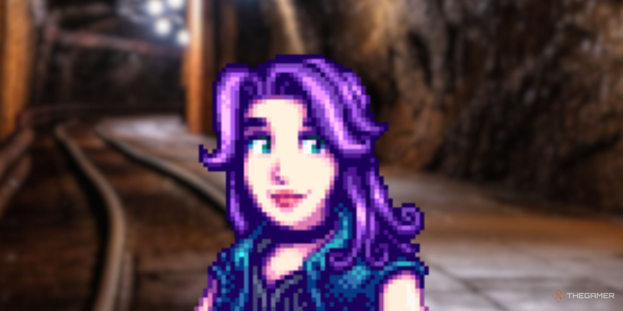 Abigail of Stardew Valley in front of the mine railroad.