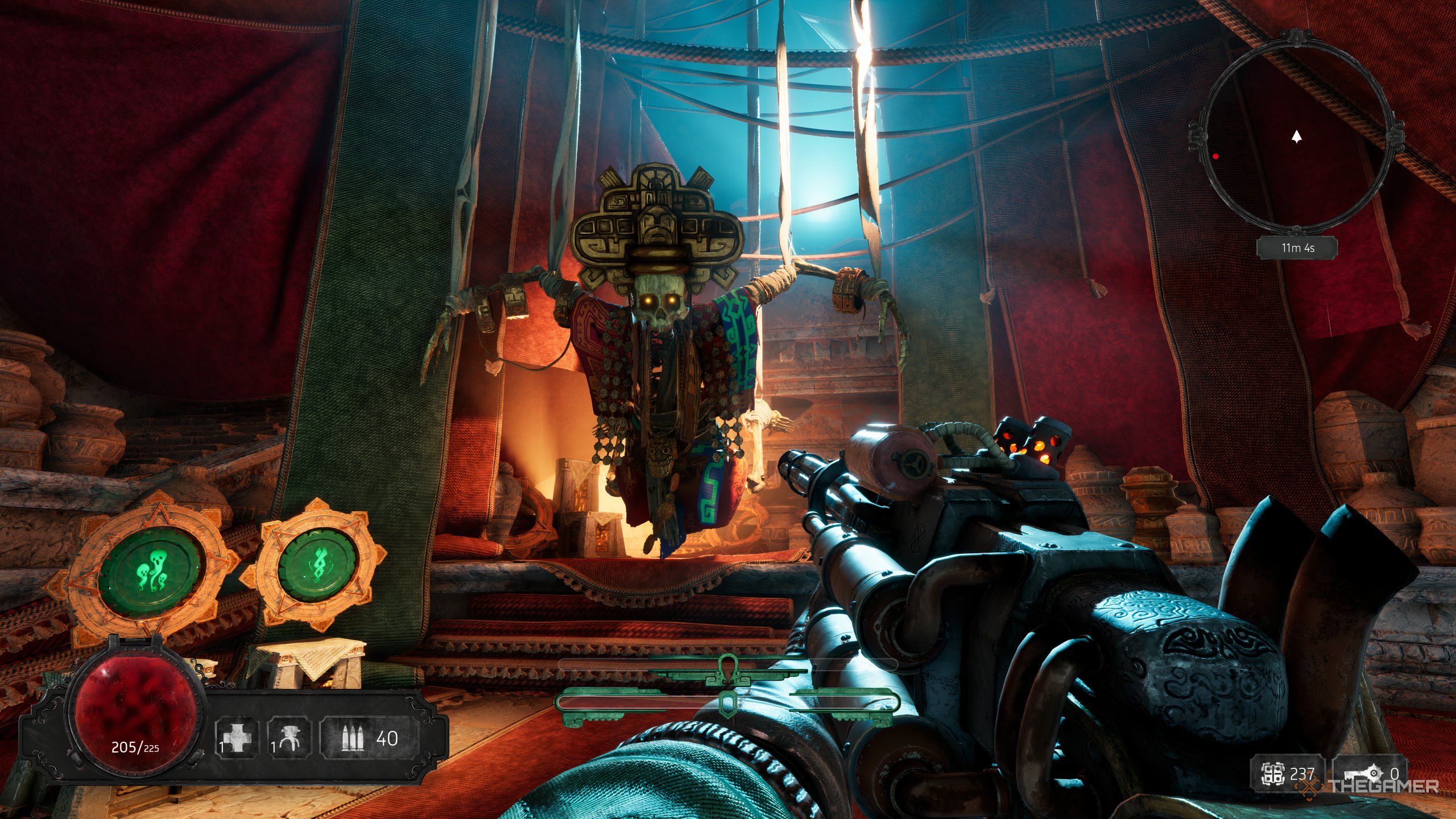 A player in the shop in Abyssus with a motor gun.