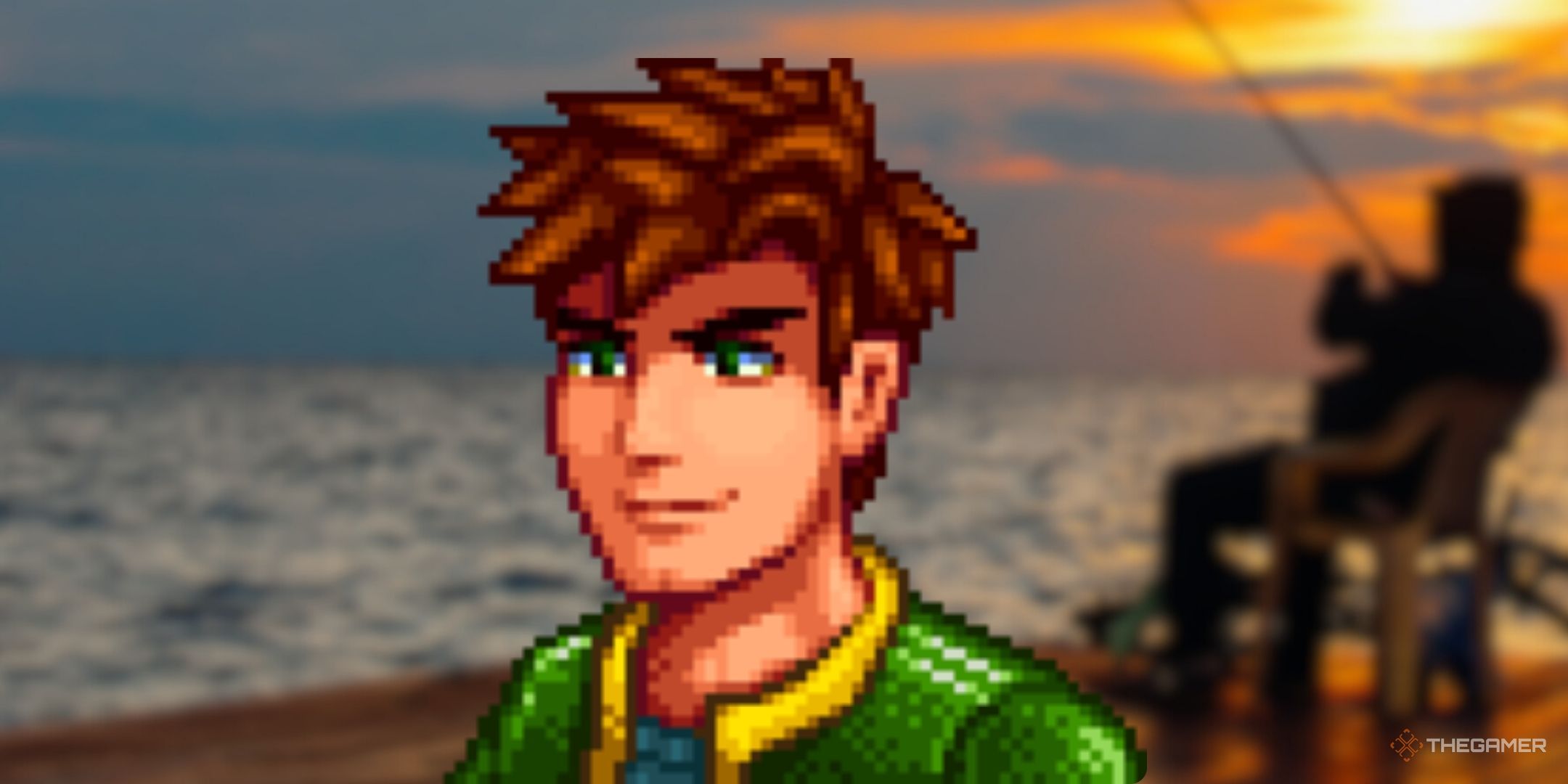 The Alex of STARDEW Valley is in front of the image of a person who is fishing in the waters open from the wharf.