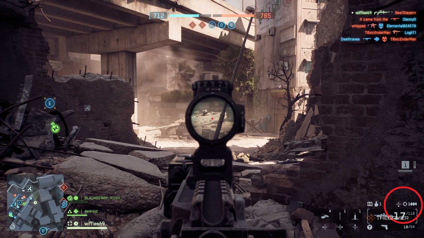 Player in the match using RANGEFINDER ads, which shows its 100 MV right corner in Battlefield 6.
