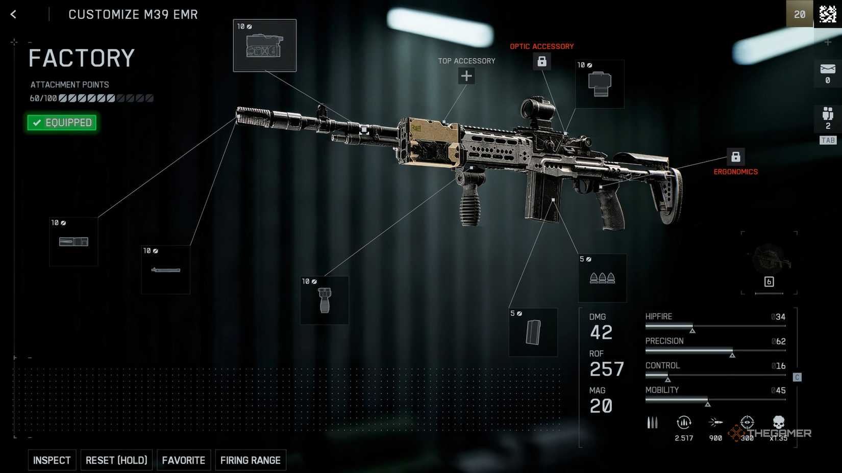 M39 M39 EMR DMR screen selected in Battlefield 6. All available attachments appear throughout the weapon.