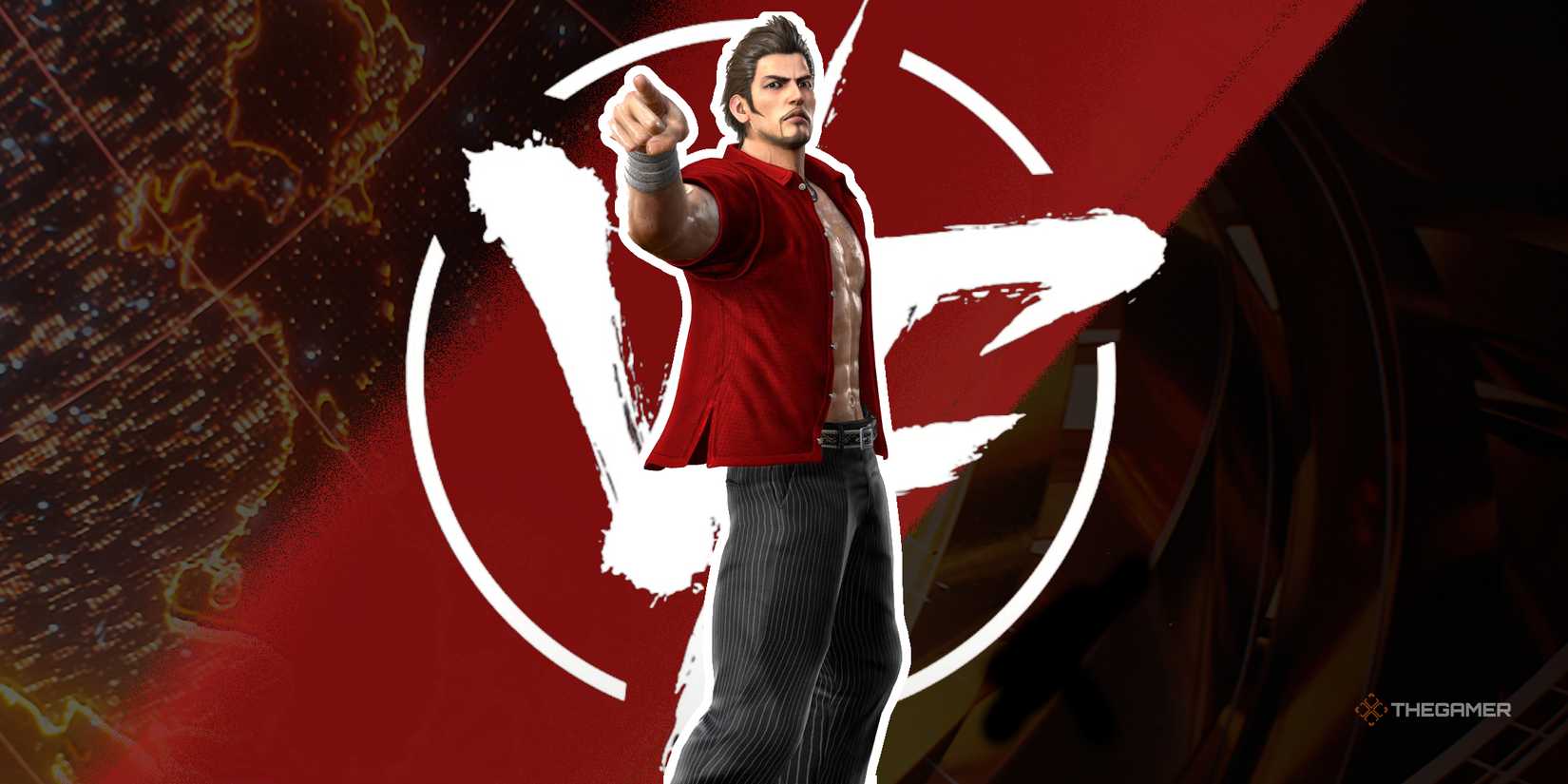 Brad Burns posing in front of the Virtua Fighter 6 logo.