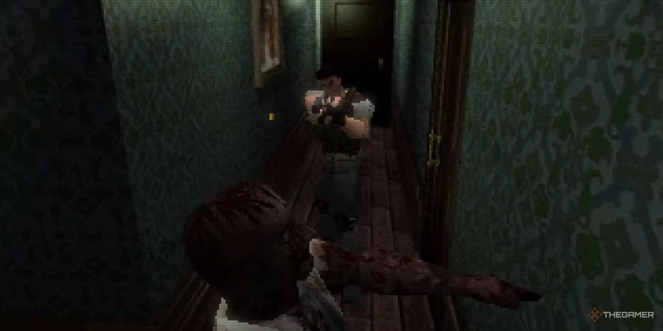 Chris Redfield shoots zombies in Resident Evil.