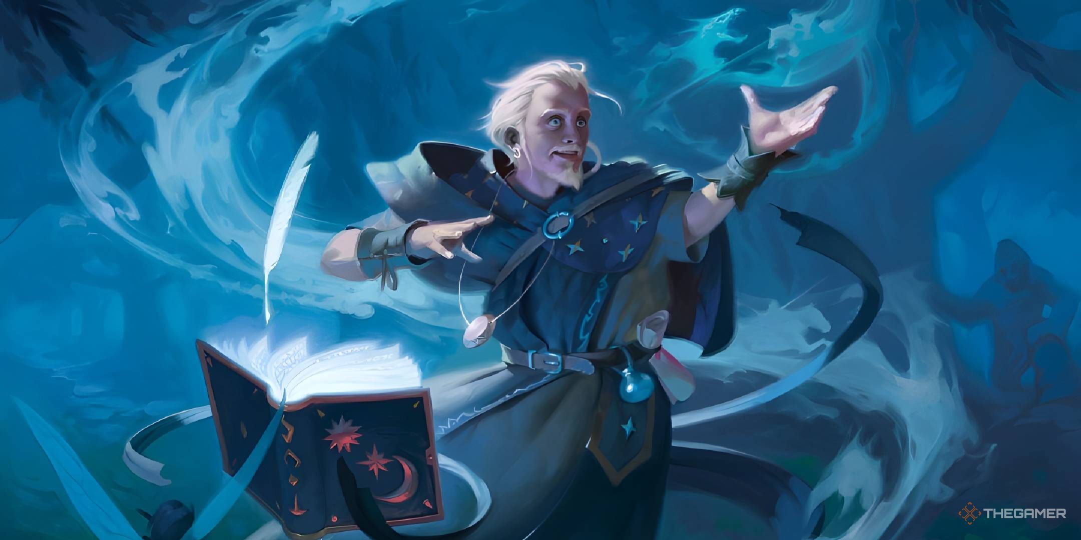 A man with white hair and beard throws an order in a floating book.