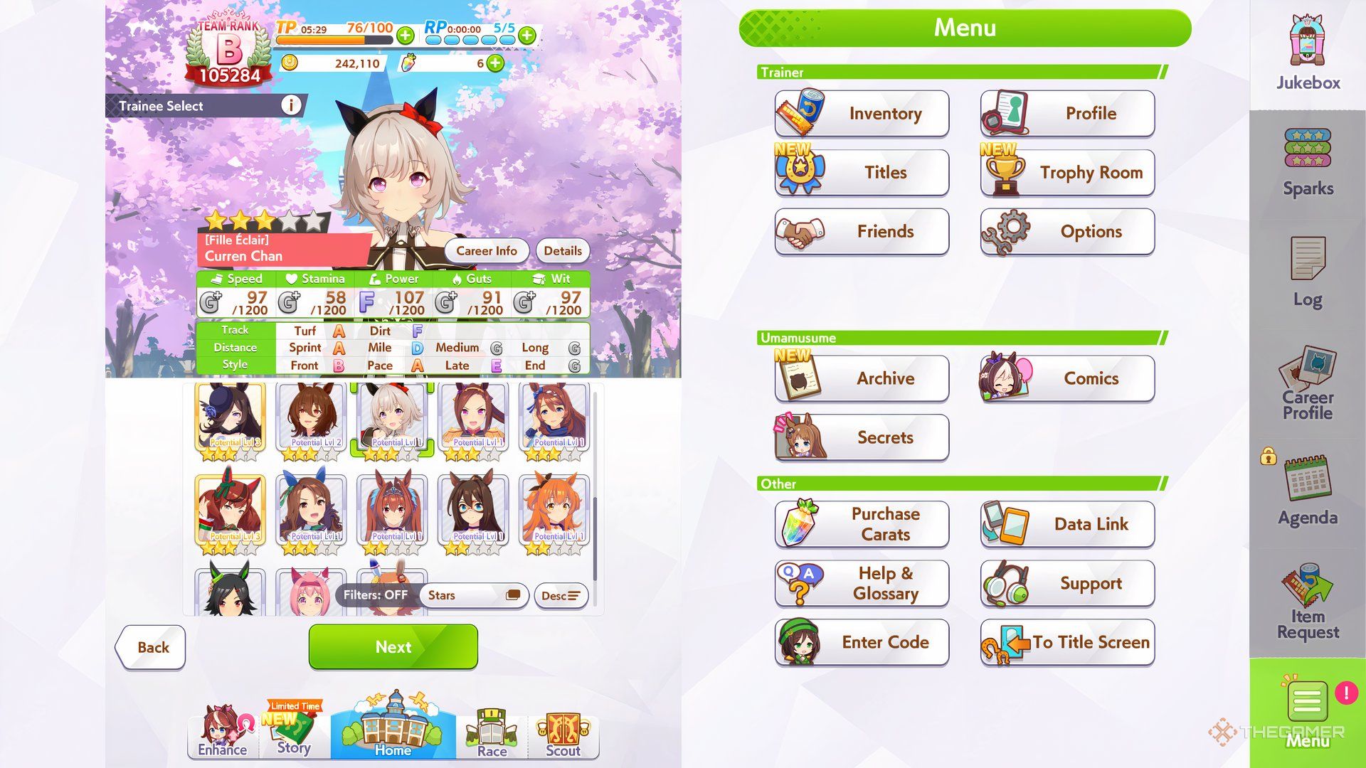 Curren Chan is shown in character selecter in Umamusume Pretty Derby.