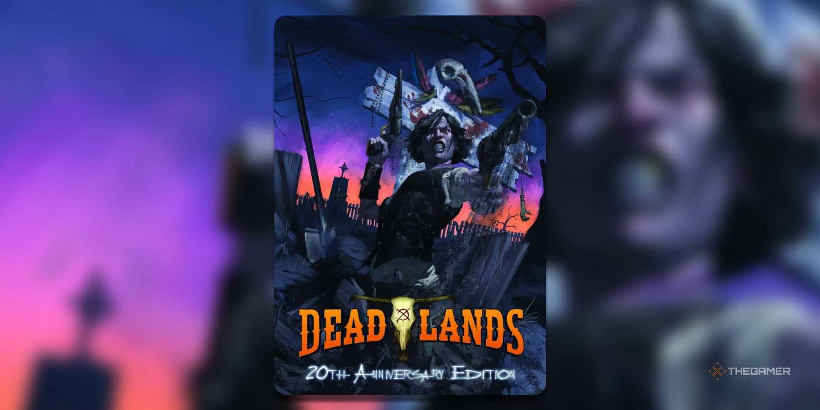 the cover of deadlands 20th anniversary edition features a gunslinger with gritted teeth and a pistol in each hand in a cemetery at sunset.