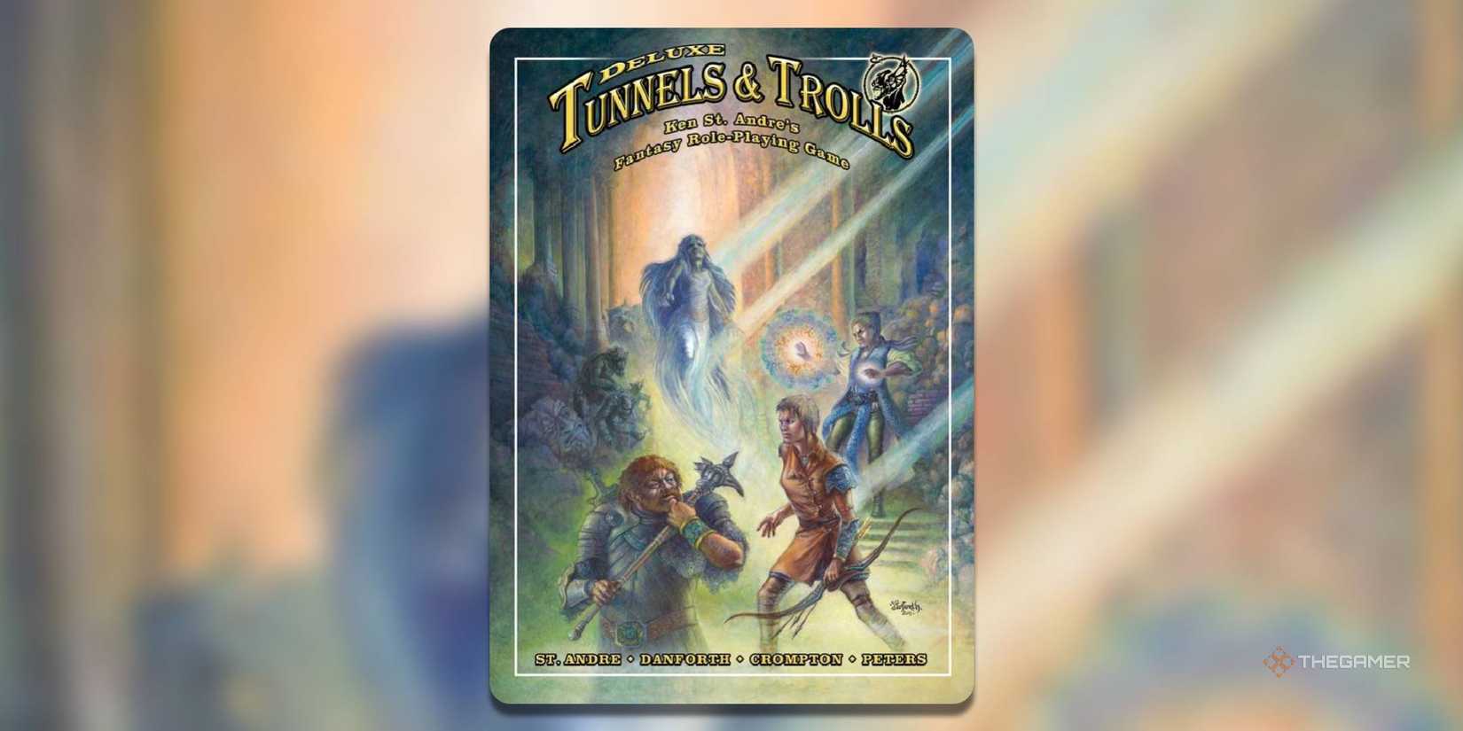 the cover of deluxe tunnels and trolls features a classic adventuring party including a fighter, rogue, and wizard.