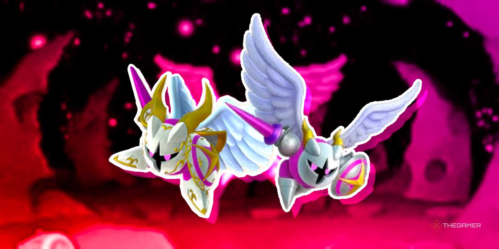 Galacta Knight alongside his Aeon Hero appearance from Super Kirby Clash.