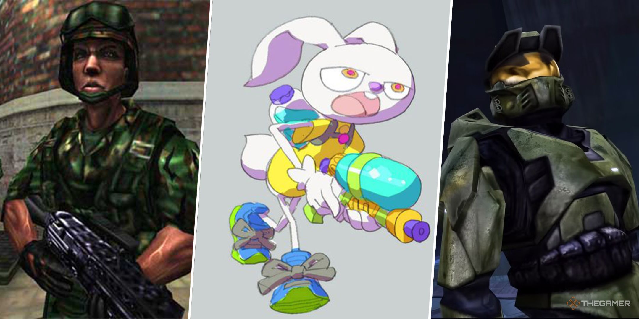 A split image featuring the original concept for TF2, the original concept of rabbits in Splatoon, and Master Chief in Halo.