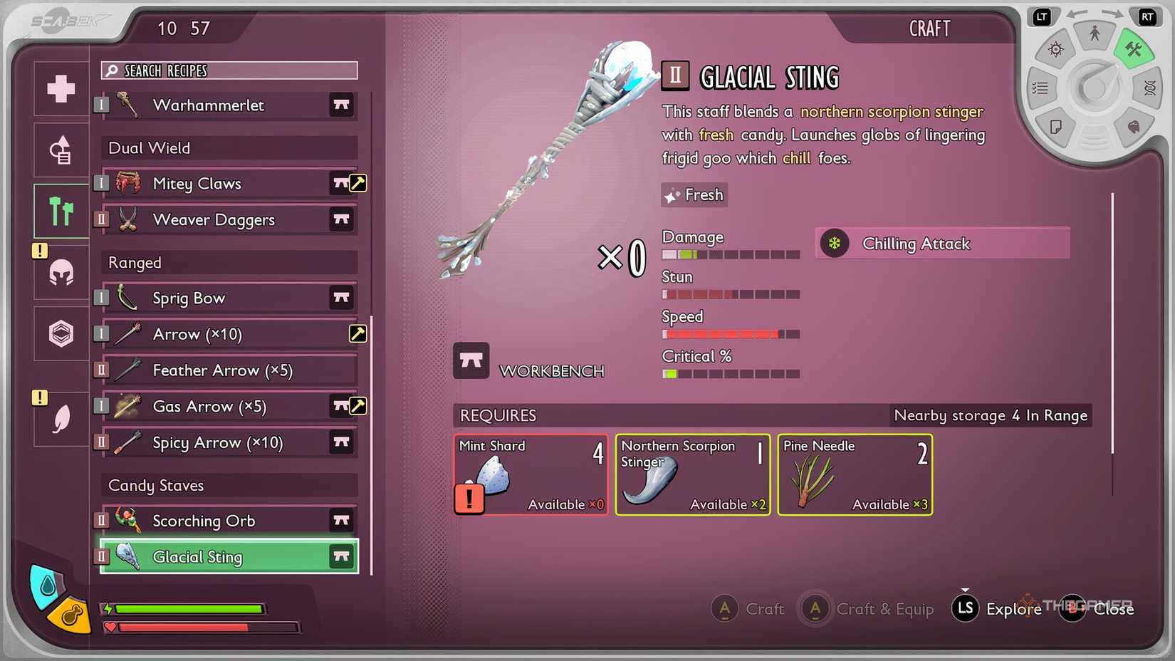 Two candy stave weapons are grounded on the work bench menu.