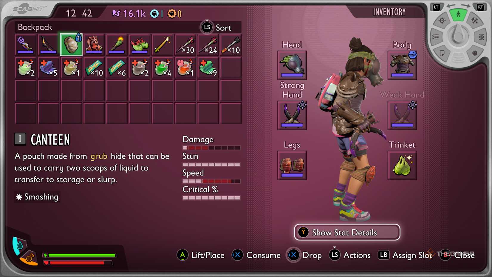 Cantin in Ally's backpack menu in Grounded 2.