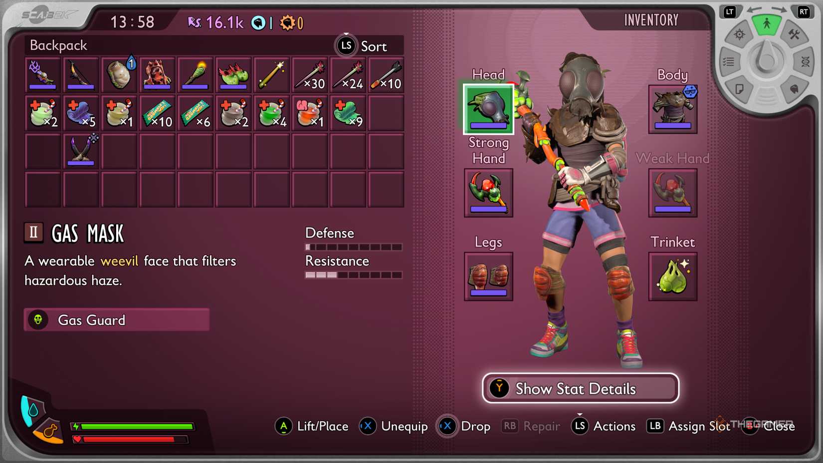 The gas mask in Ally's backpack menu in Grounded 2.