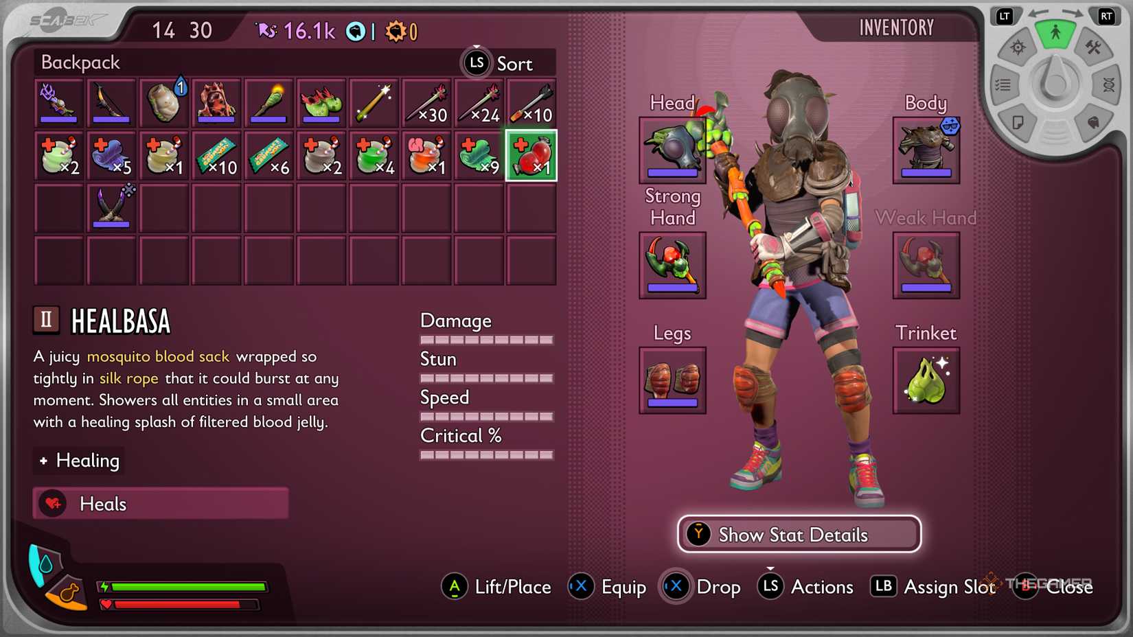 Healbasa in Ally's backpack menu in Grounded 2.
