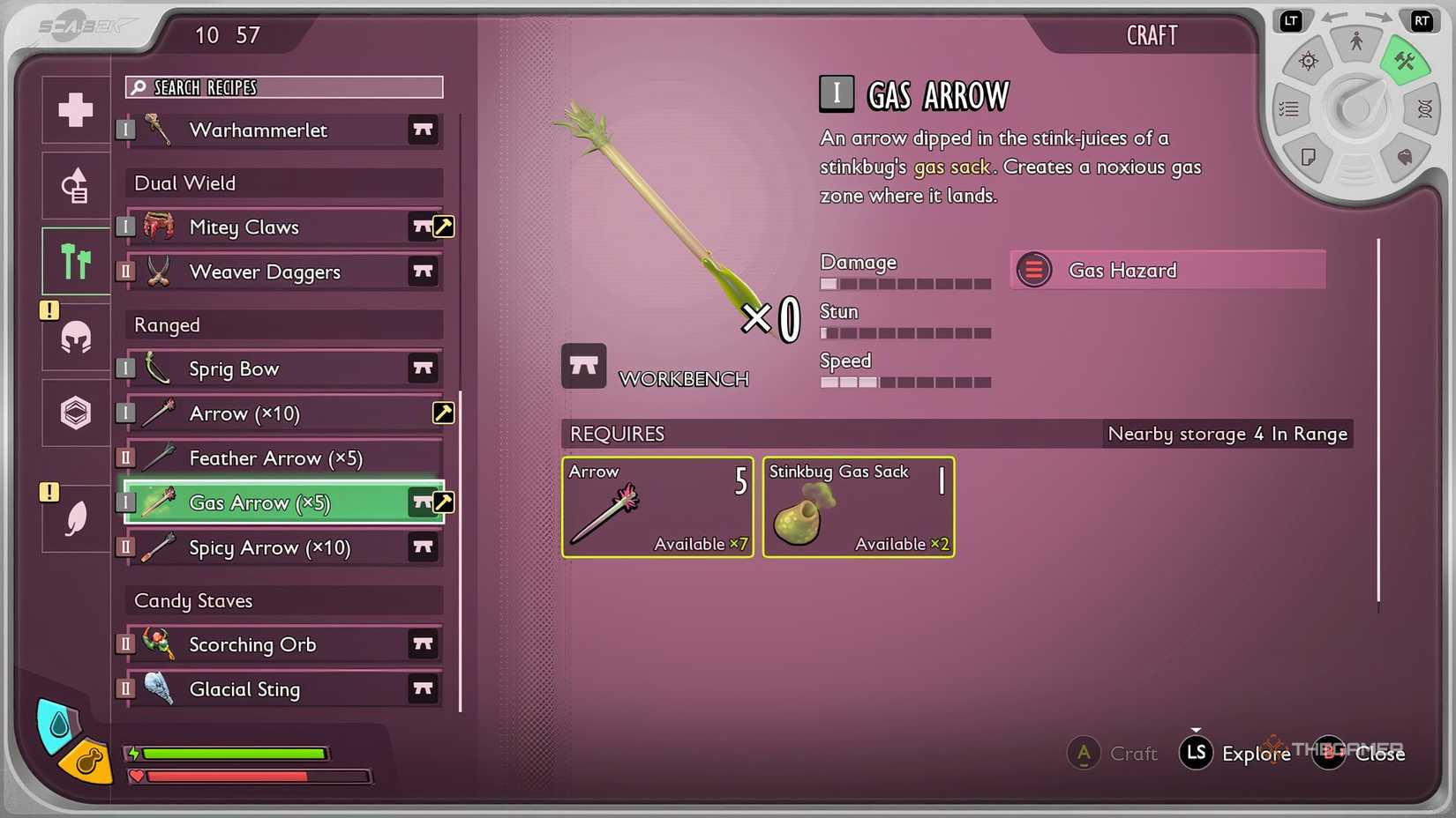 Two ranged weapons are grounded on the work bench menu.