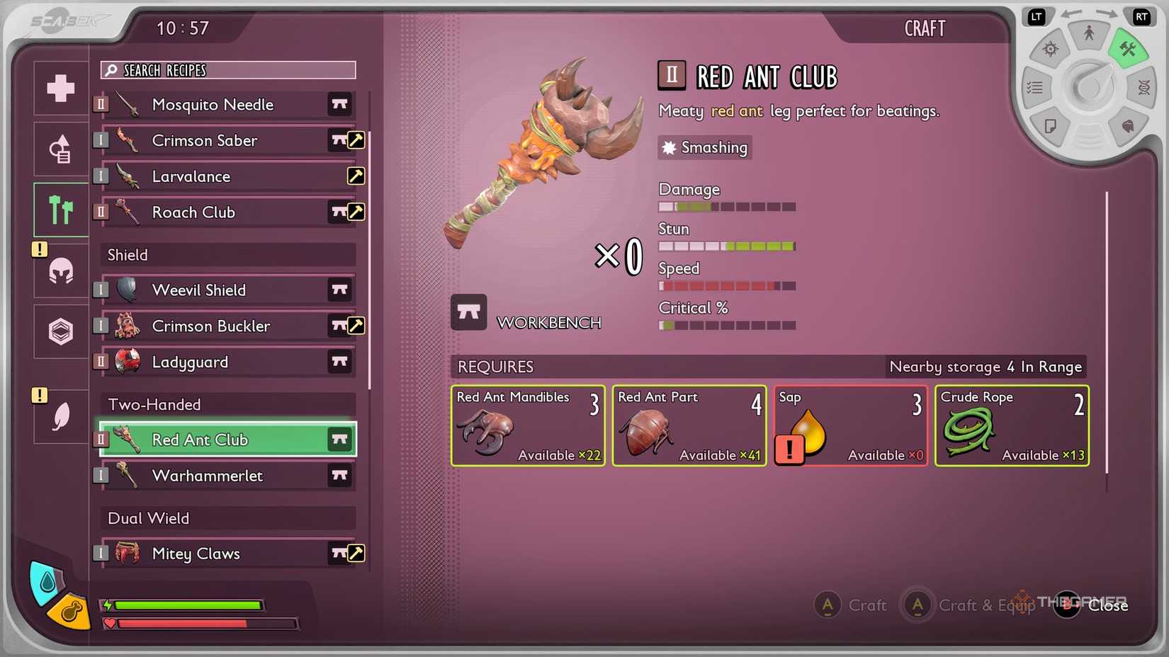 Two -hand weapons are grounded on the work bench menu.