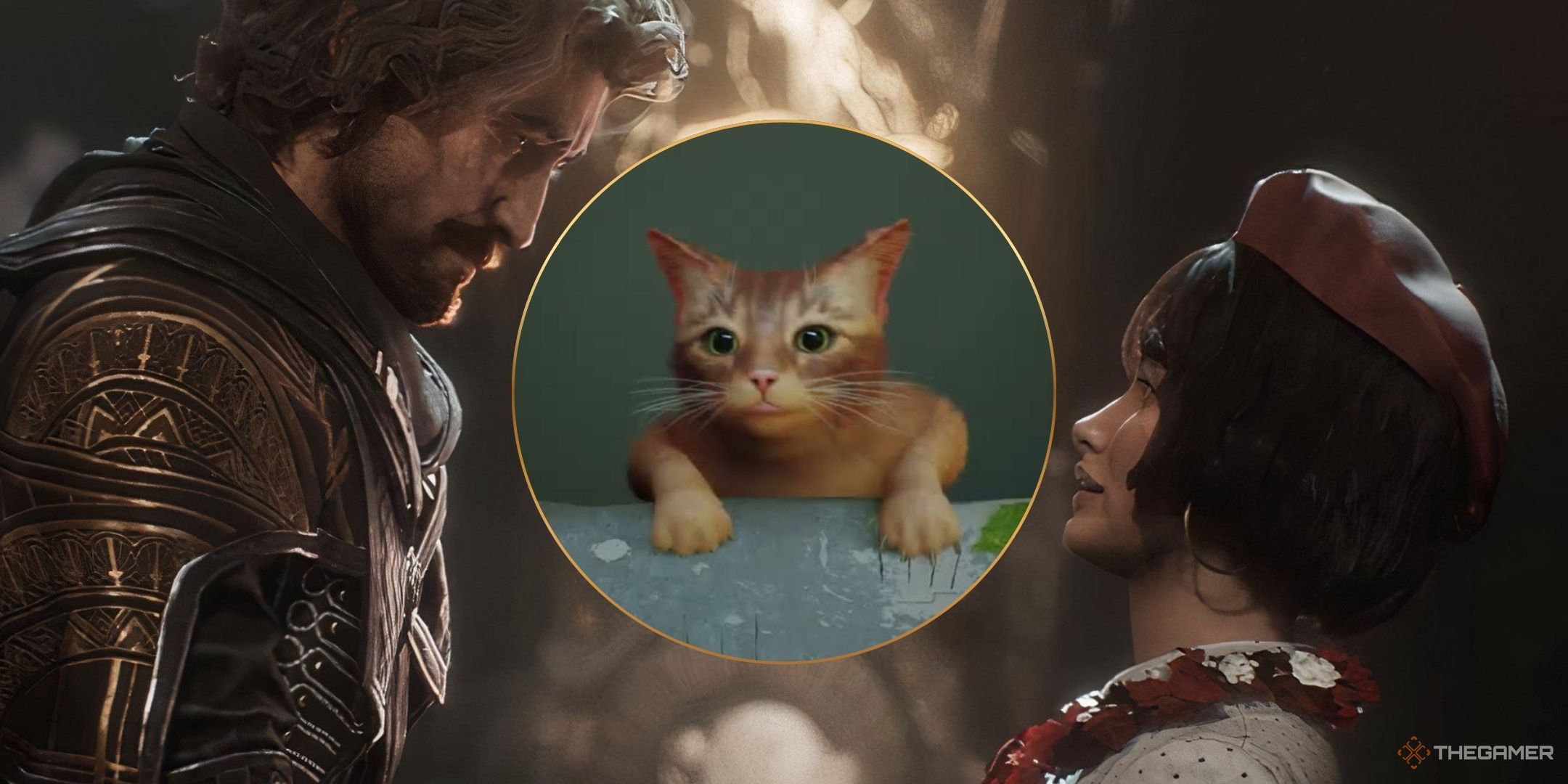 Gustave and Sophie from Expedition 33 staring at the cat from Stray.