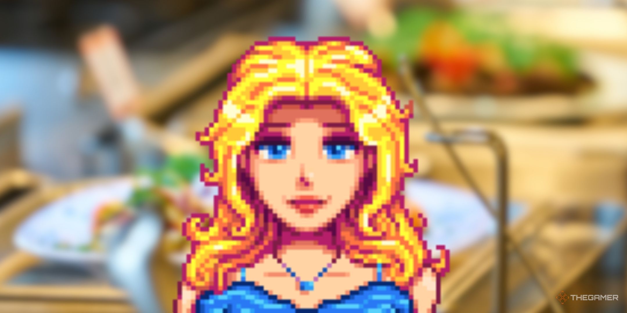 STARDEW Valley's Haley in front of the dinner buffet image.