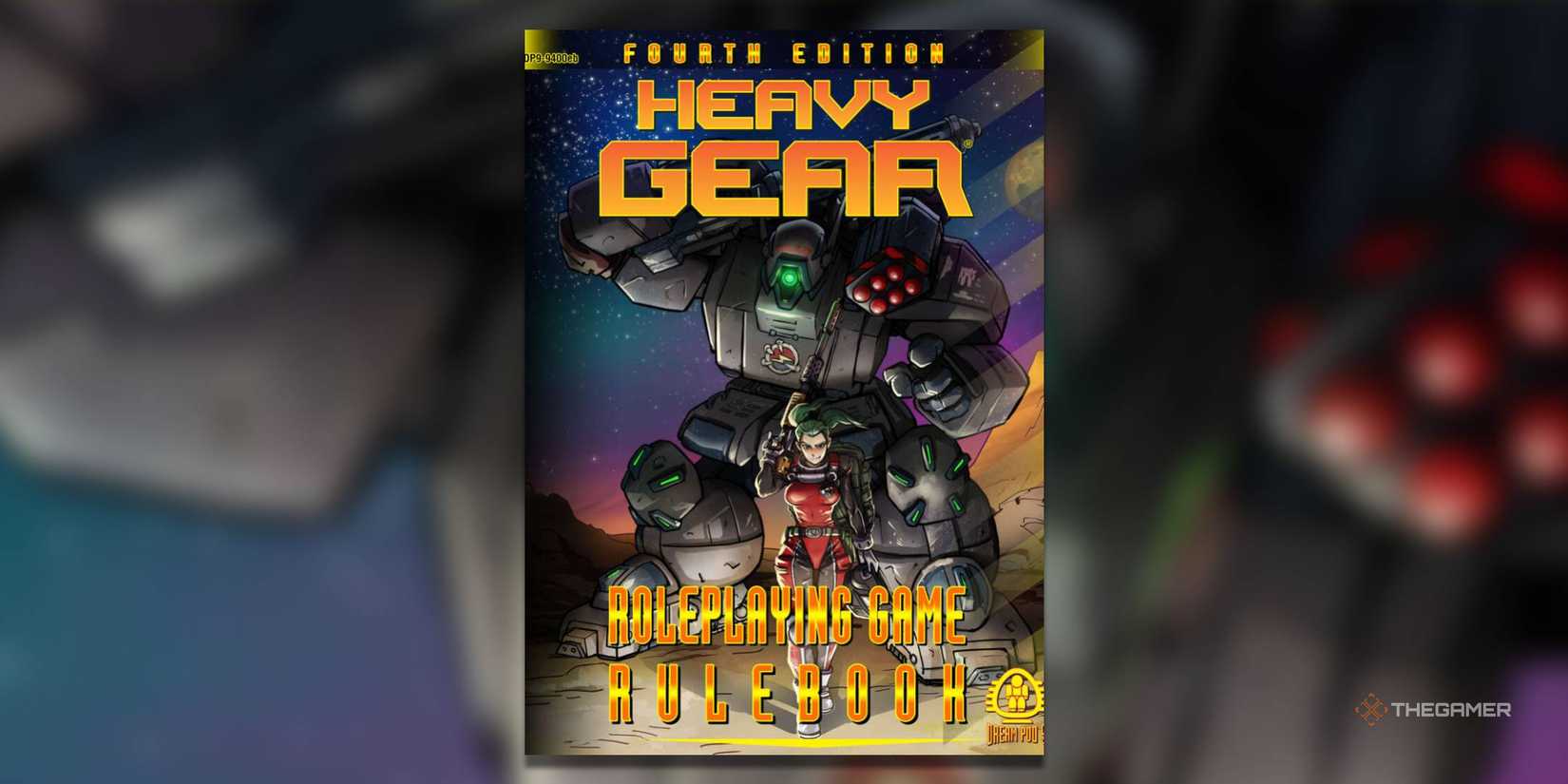 a female pilot stands in front of her mech on the cover of heavy gear rpg, 4th edition.