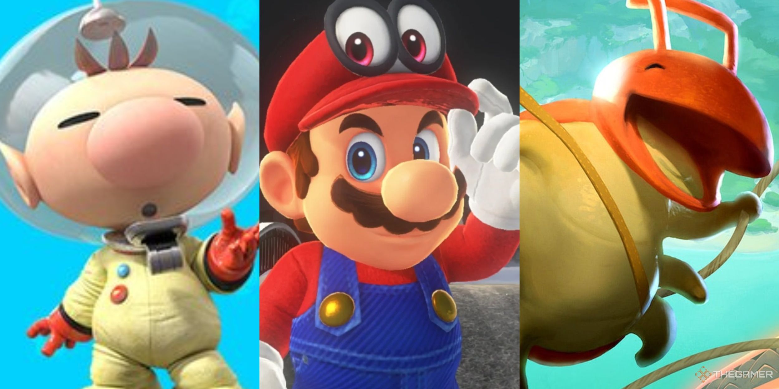 A collage of images showcasing (From Left to Right) Captain Olimar from Pikmin 4, Mario from Super Mario Odyssey, and Yoku from Yoku's Island Express.